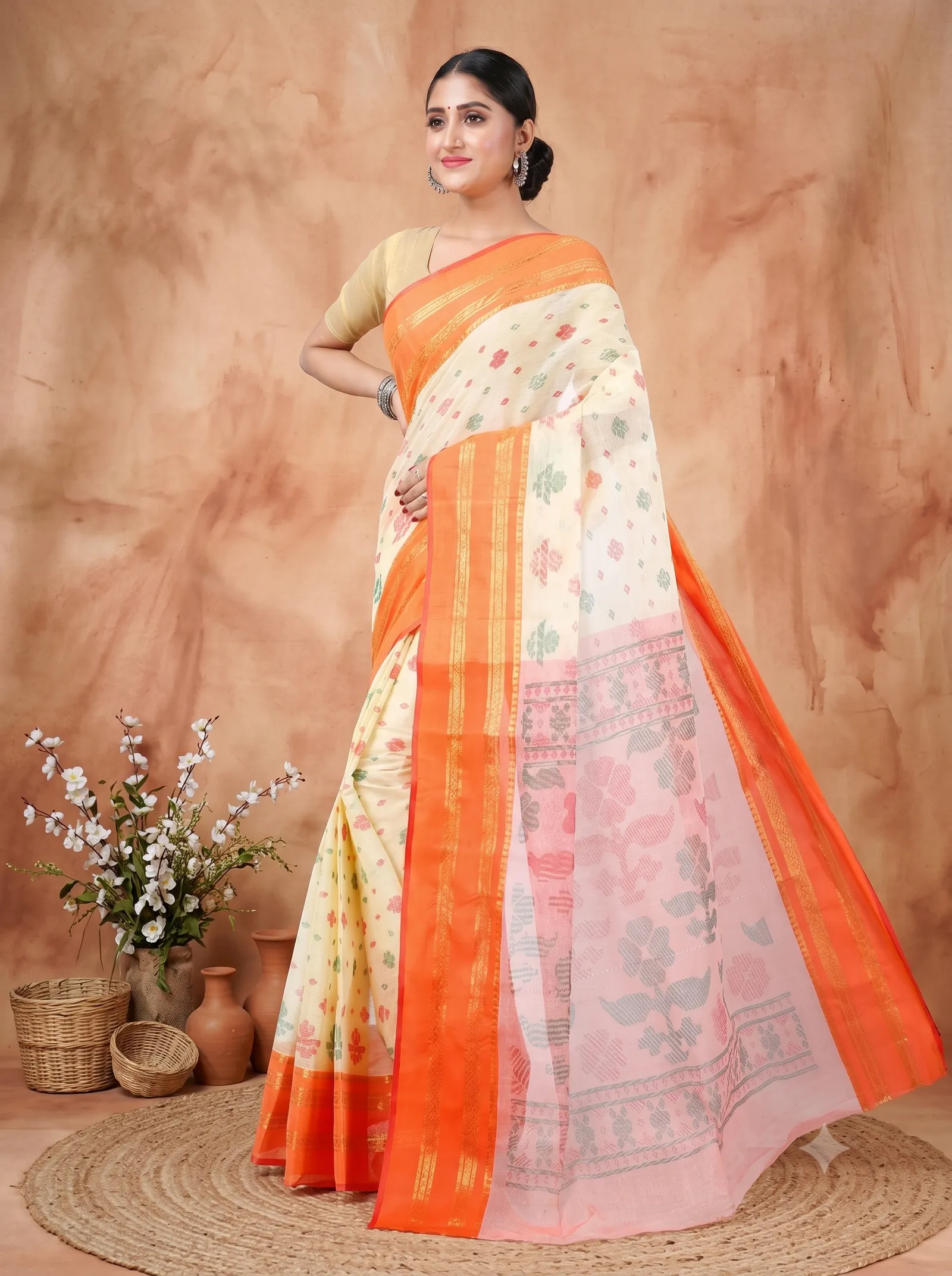 DipDiya Pure Cotton  Traditional Bengali Orange Artisan Crafted FullBall Print Printed Tant Saree