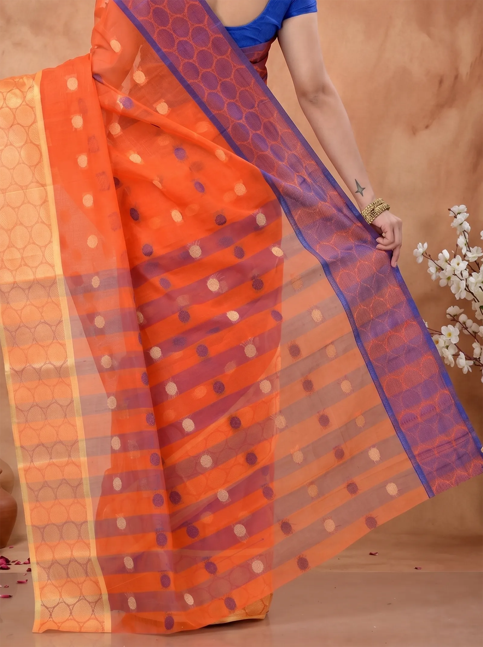 DipDiya Pure Cotton  Traditional Bengali Orange Artisan Crafted Ganga Jamuna Tant Saree