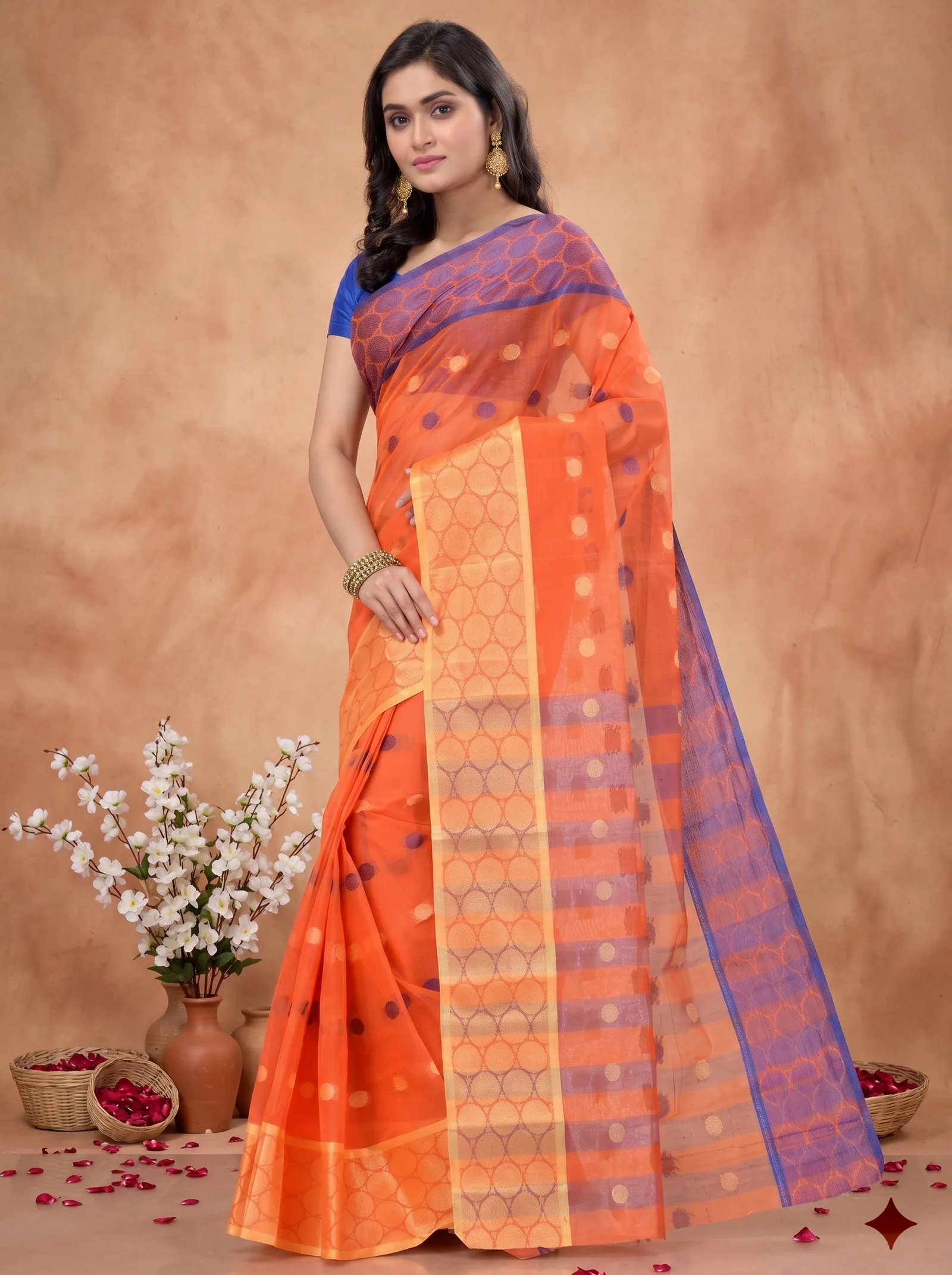 DipDiya Pure Cotton  Traditional Bengali Orange Artisan Crafted Ganga Jamuna Tant Saree