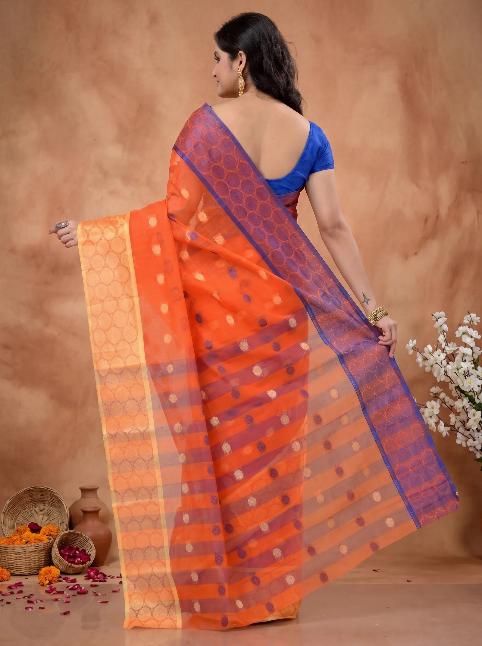 DipDiya Pure Cotton  Traditional Bengali Orange Artisan Crafted Ganga Jamuna Tant Saree