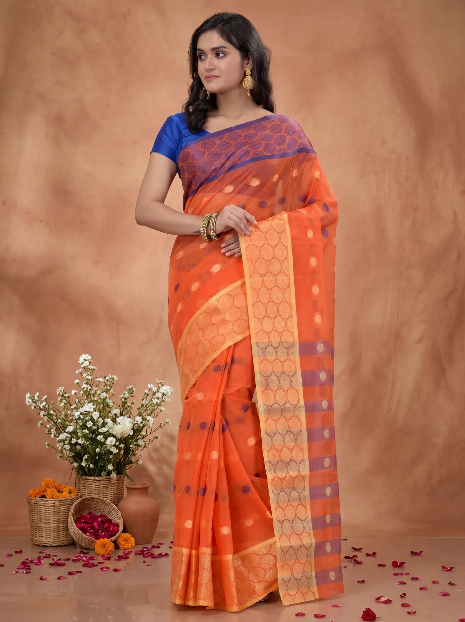 DipDiya Pure Cotton  Traditional Bengali Orange Artisan Crafted Ganga Jamuna Tant Saree