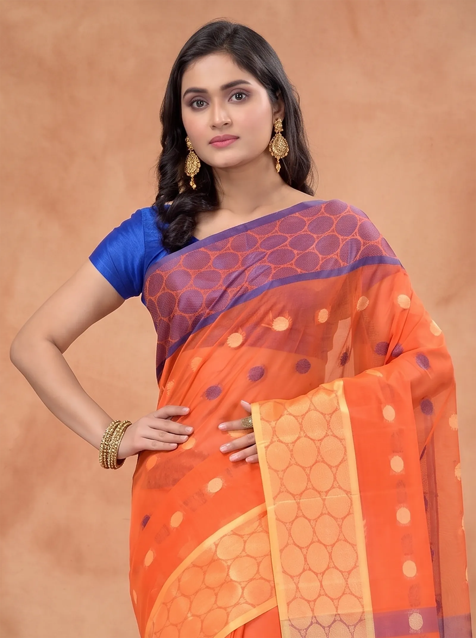 DipDiya Pure Cotton  Traditional Bengali Orange Artisan Crafted Ganga Jamuna Tant Saree