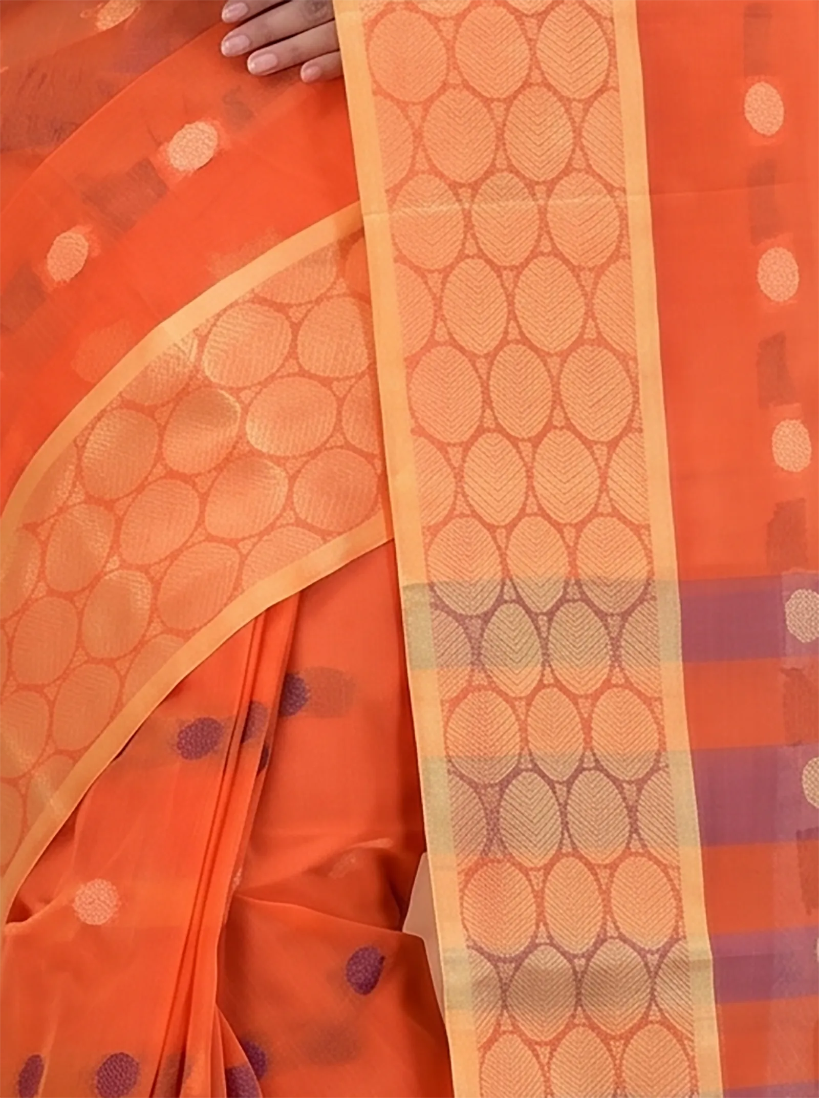 DipDiya Pure Cotton  Traditional Bengali Orange Artisan Crafted Ganga Jamuna Tant Saree