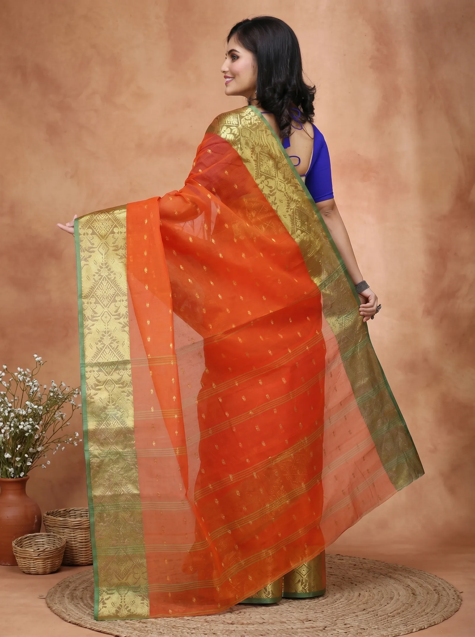 DipDiya Pure Cotton  Traditional Bengali Orange Artisan Crafted Gopa Tant Saree