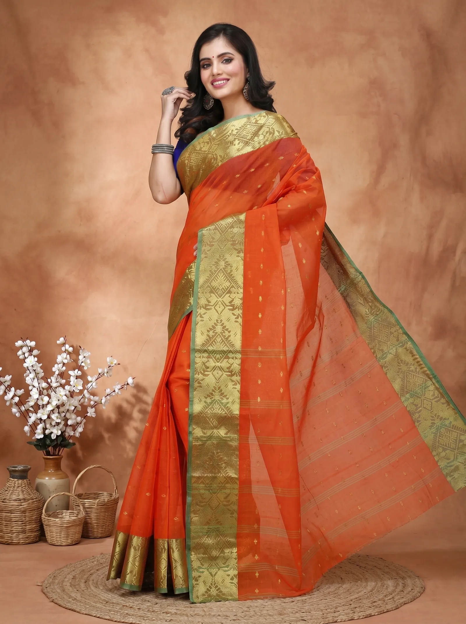 DipDiya Pure Cotton  Traditional Bengali Orange Artisan Crafted Gopa Tant Saree