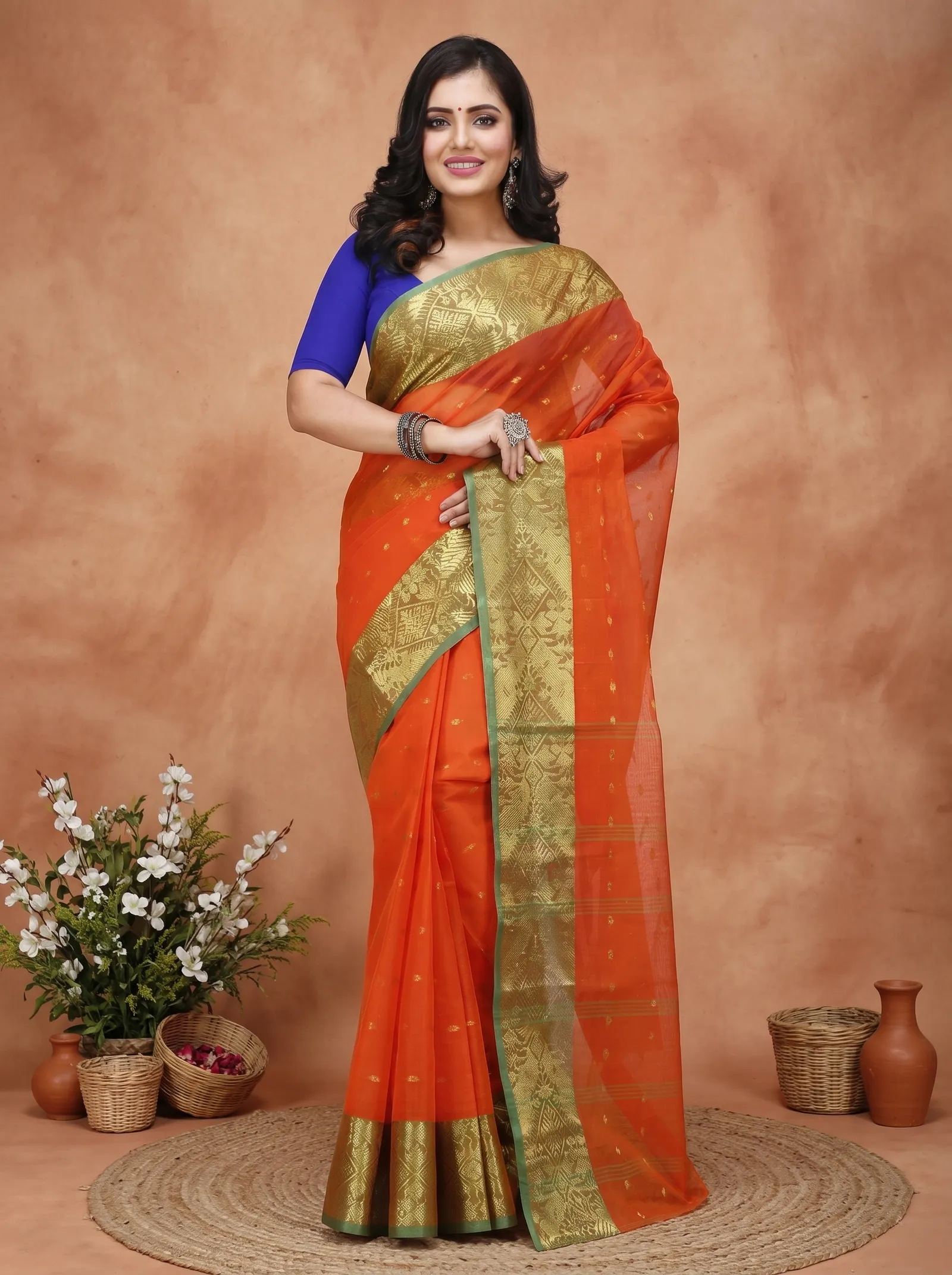 DipDiya Pure Cotton  Traditional Bengali Orange Artisan Crafted Gopa Tant Saree