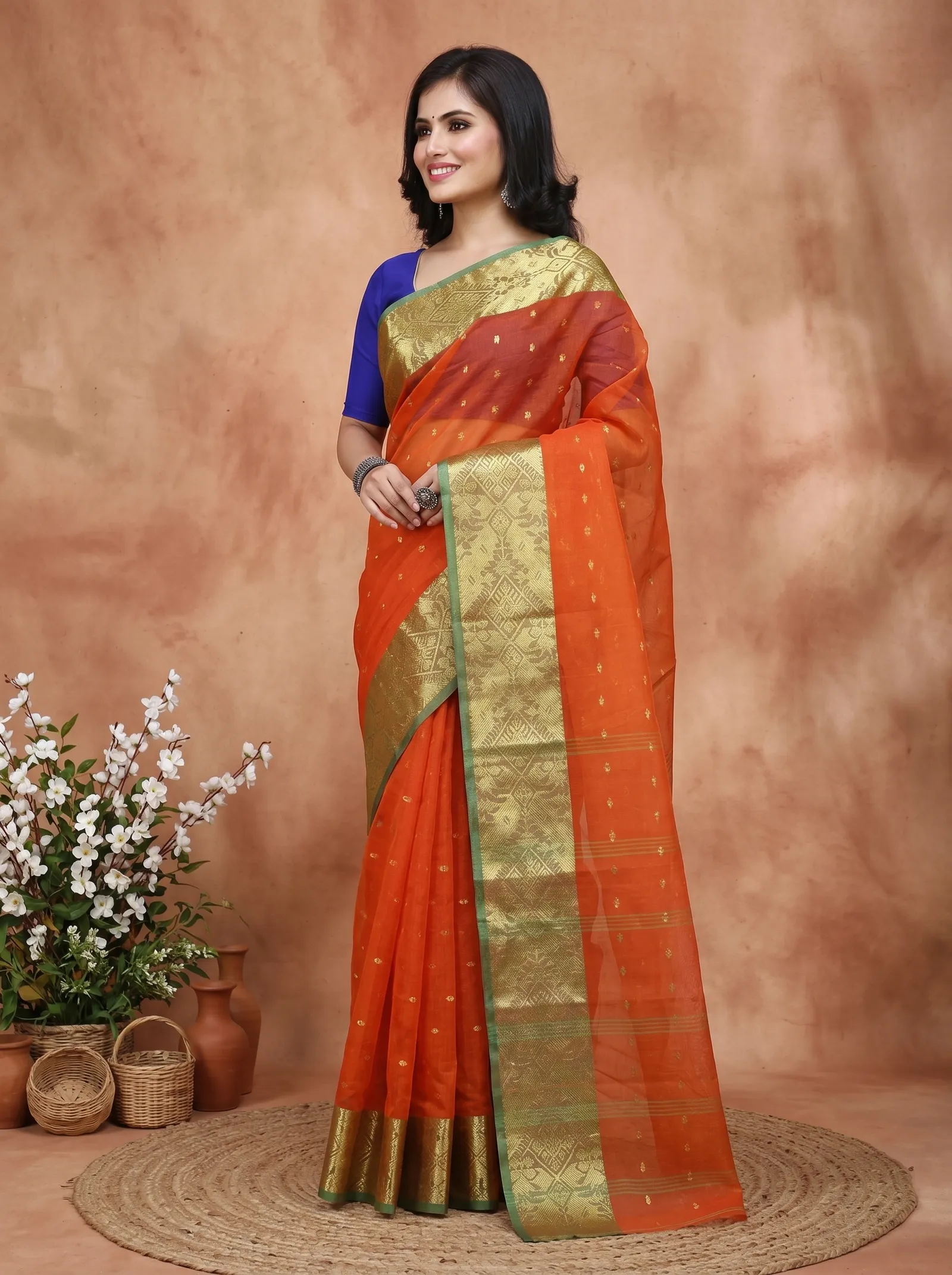 DipDiya Pure Cotton  Traditional Bengali Orange Artisan Crafted Gopa Tant Saree