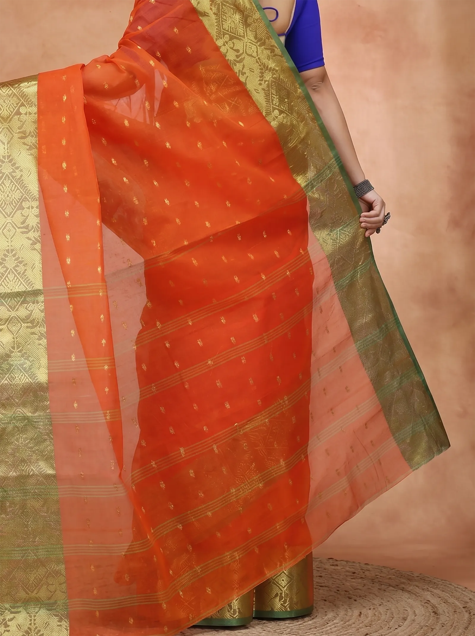 DipDiya Pure Cotton  Traditional Bengali Orange Artisan Crafted Gopa Tant Saree