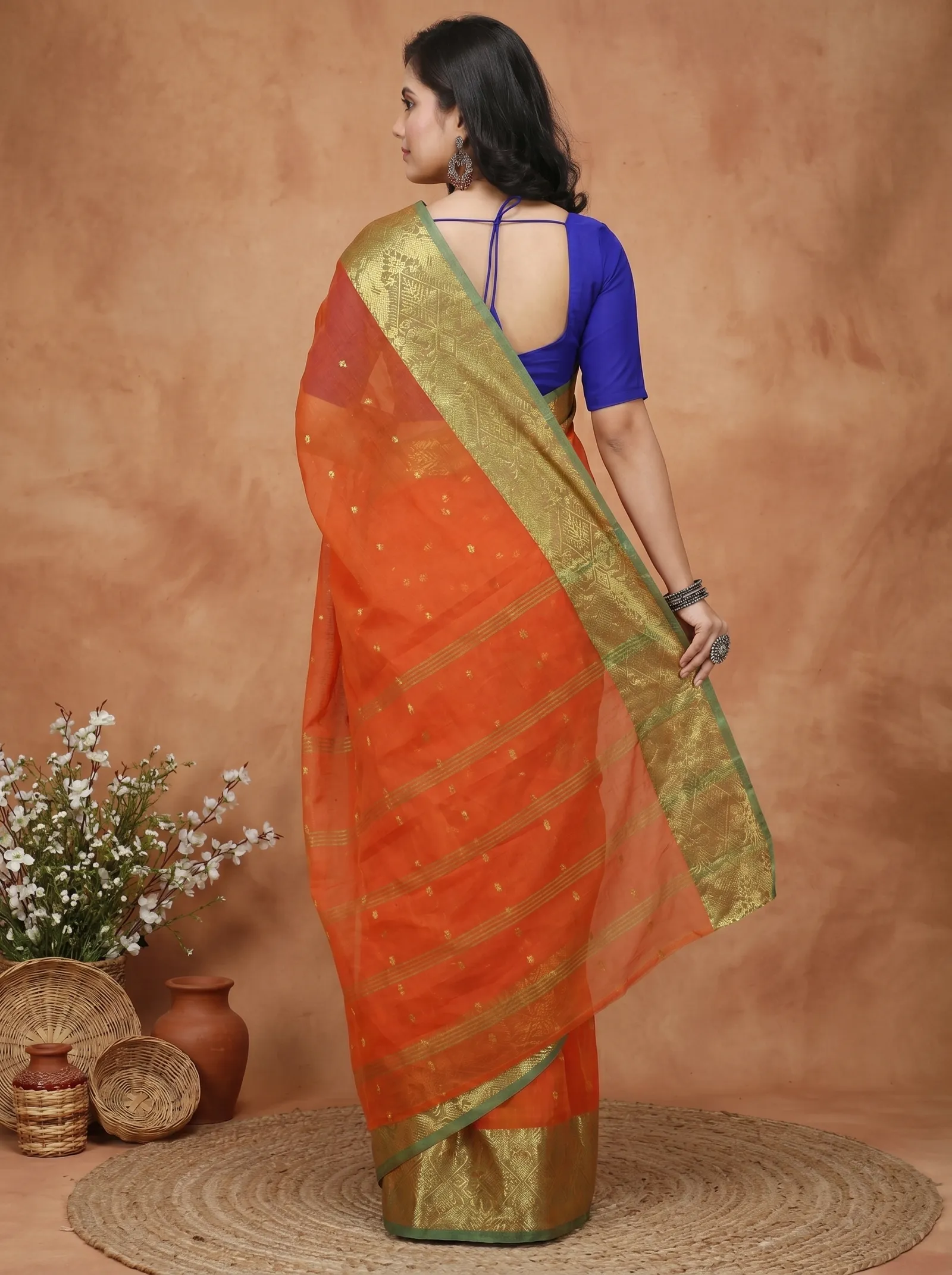 DipDiya Pure Cotton  Traditional Bengali Orange Artisan Crafted Gopa Tant Saree