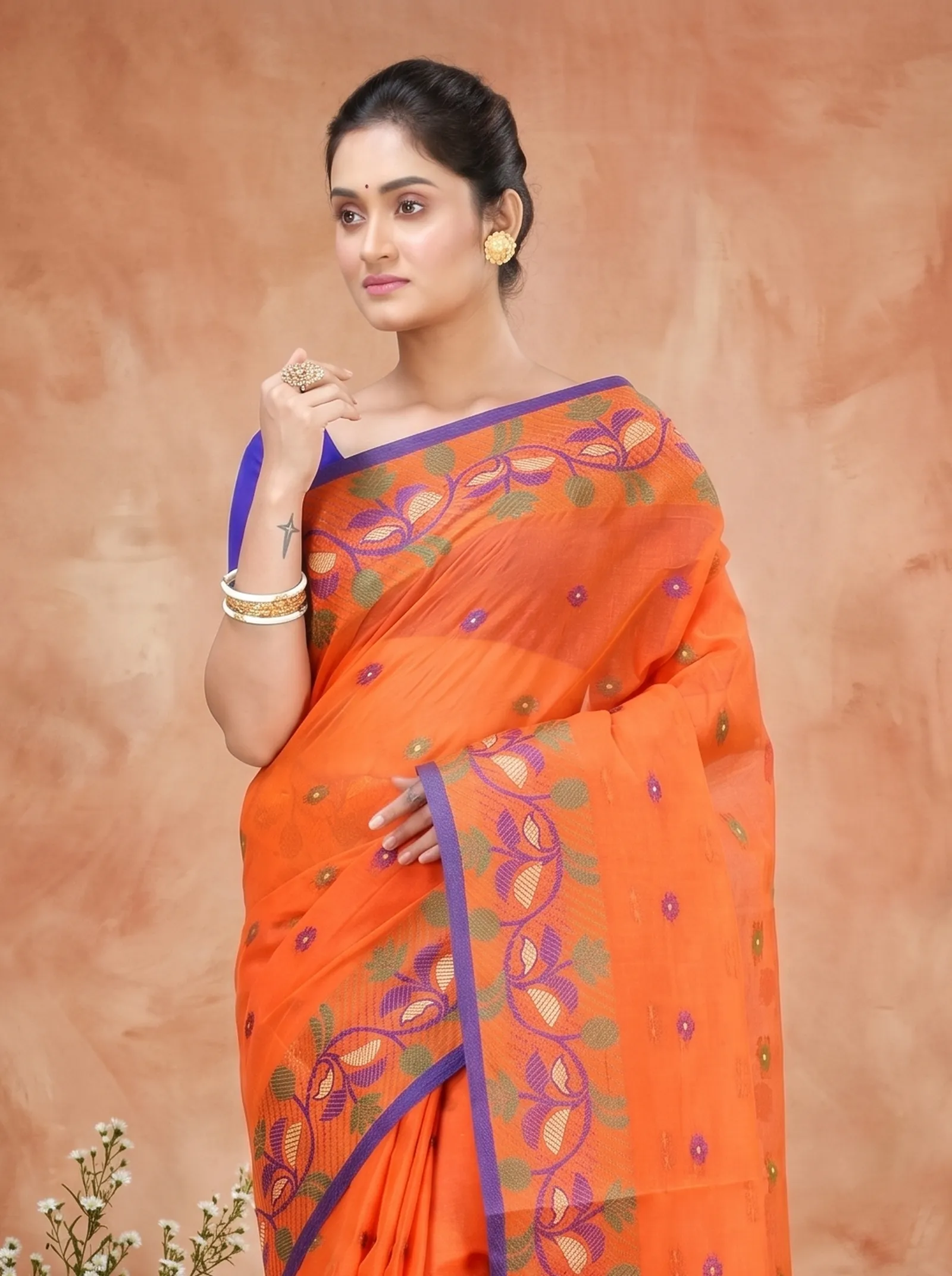 DipDiya Pure Cotton  Traditional Bengali Orange Artisan Crafted Govindi Tant Saree