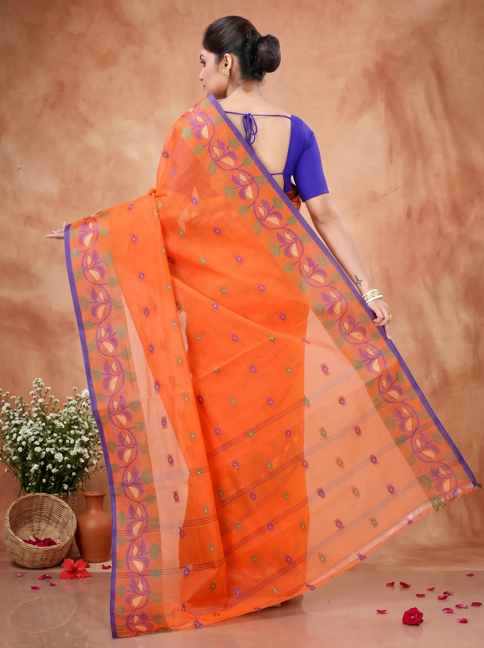 DipDiya Pure Cotton  Traditional Bengali Orange Artisan Crafted Govindi Tant Saree