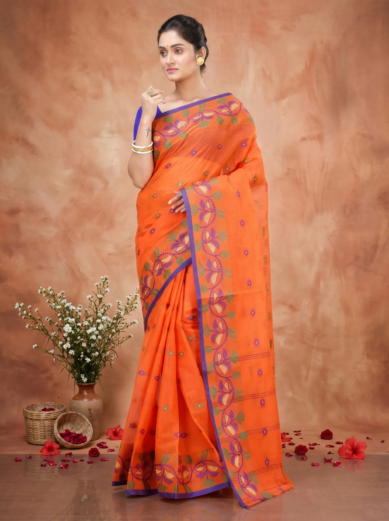 DipDiya Pure Cotton  Traditional Bengali Orange Artisan Crafted Govindi Tant Saree