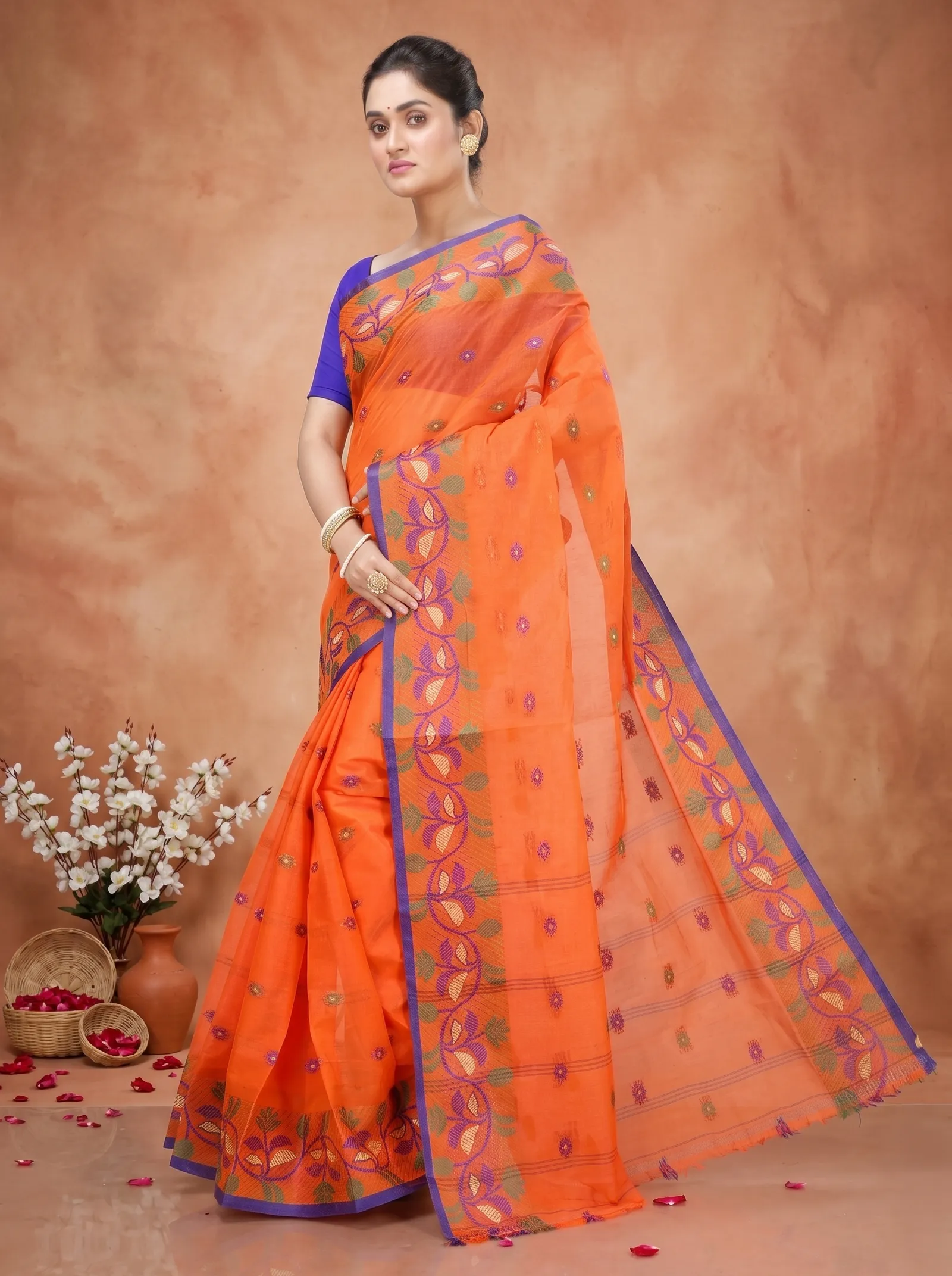 DipDiya Pure Cotton  Traditional Bengali Orange Artisan Crafted Govindi Tant Saree