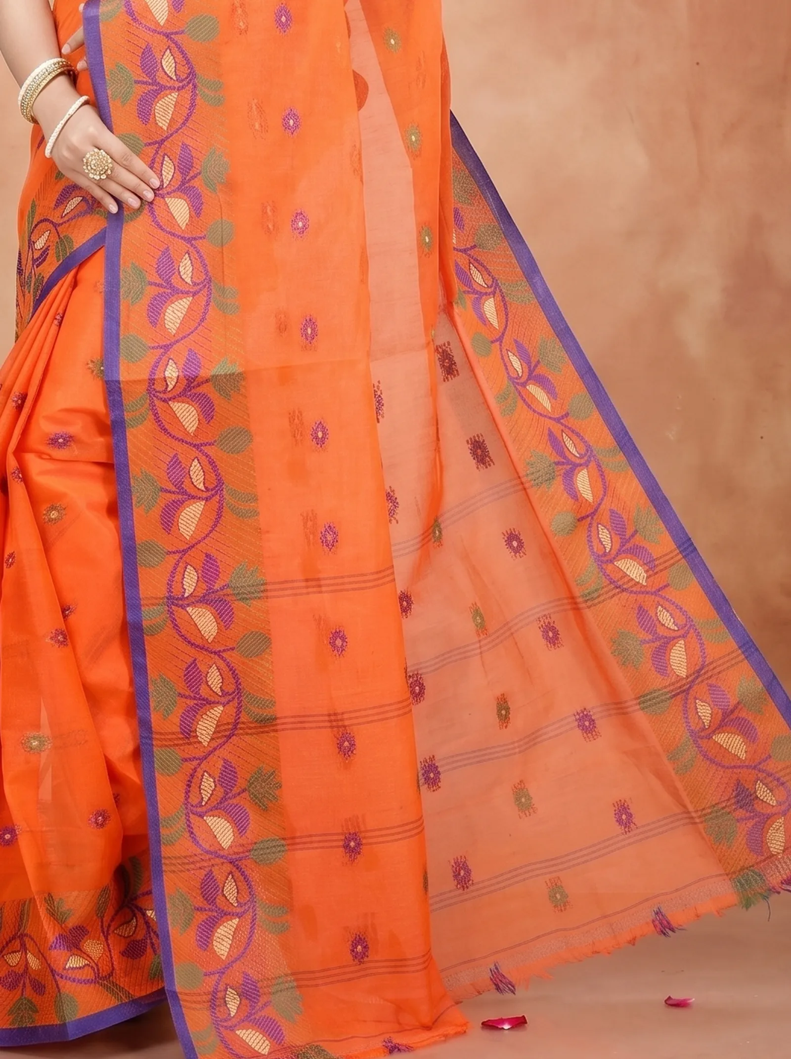 DipDiya Pure Cotton  Traditional Bengali Orange Artisan Crafted Govindi Tant Saree