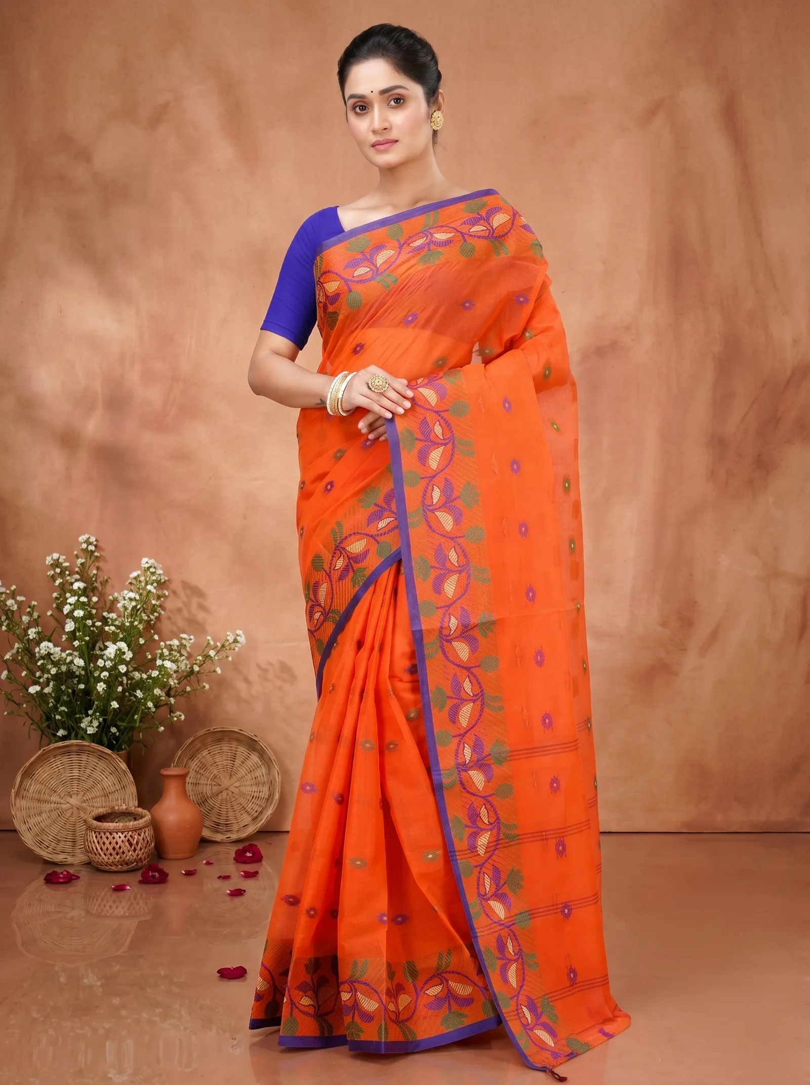 DipDiya Pure Cotton  Traditional Bengali Orange Artisan Crafted Govindi Tant Saree