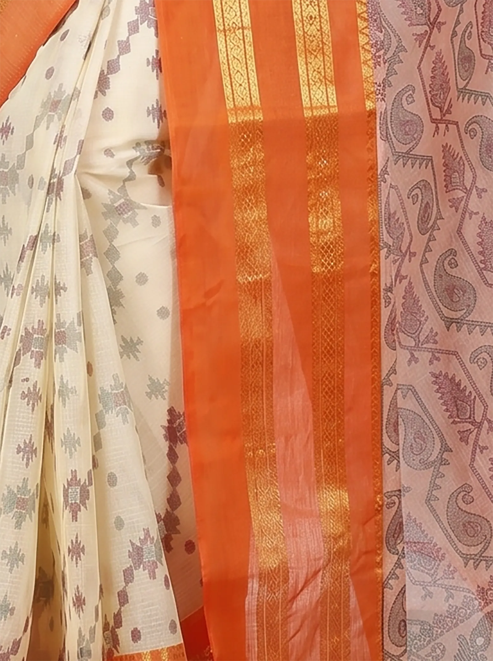DipDiya Pure Cotton  Traditional Bengali Orange Artisan Crafted Rashi Print Printed Tant Saree