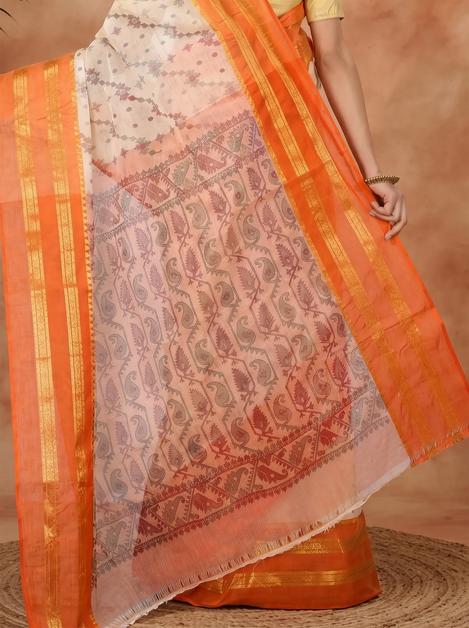 DipDiya Pure Cotton  Traditional Bengali Orange Artisan Crafted Rashi Print Printed Tant Saree