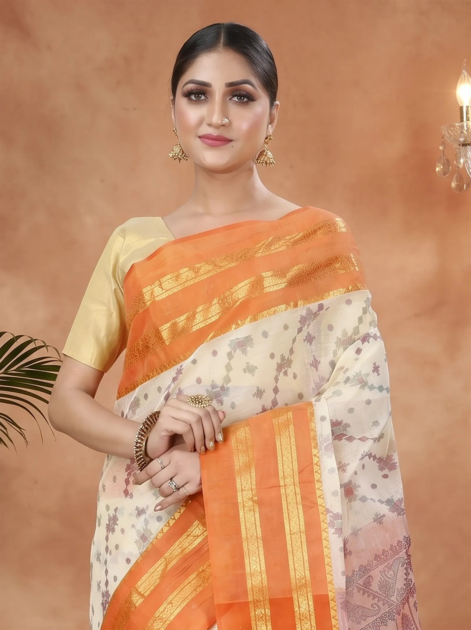 DipDiya Pure Cotton  Traditional Bengali Orange Artisan Crafted Rashi Print Printed Tant Saree