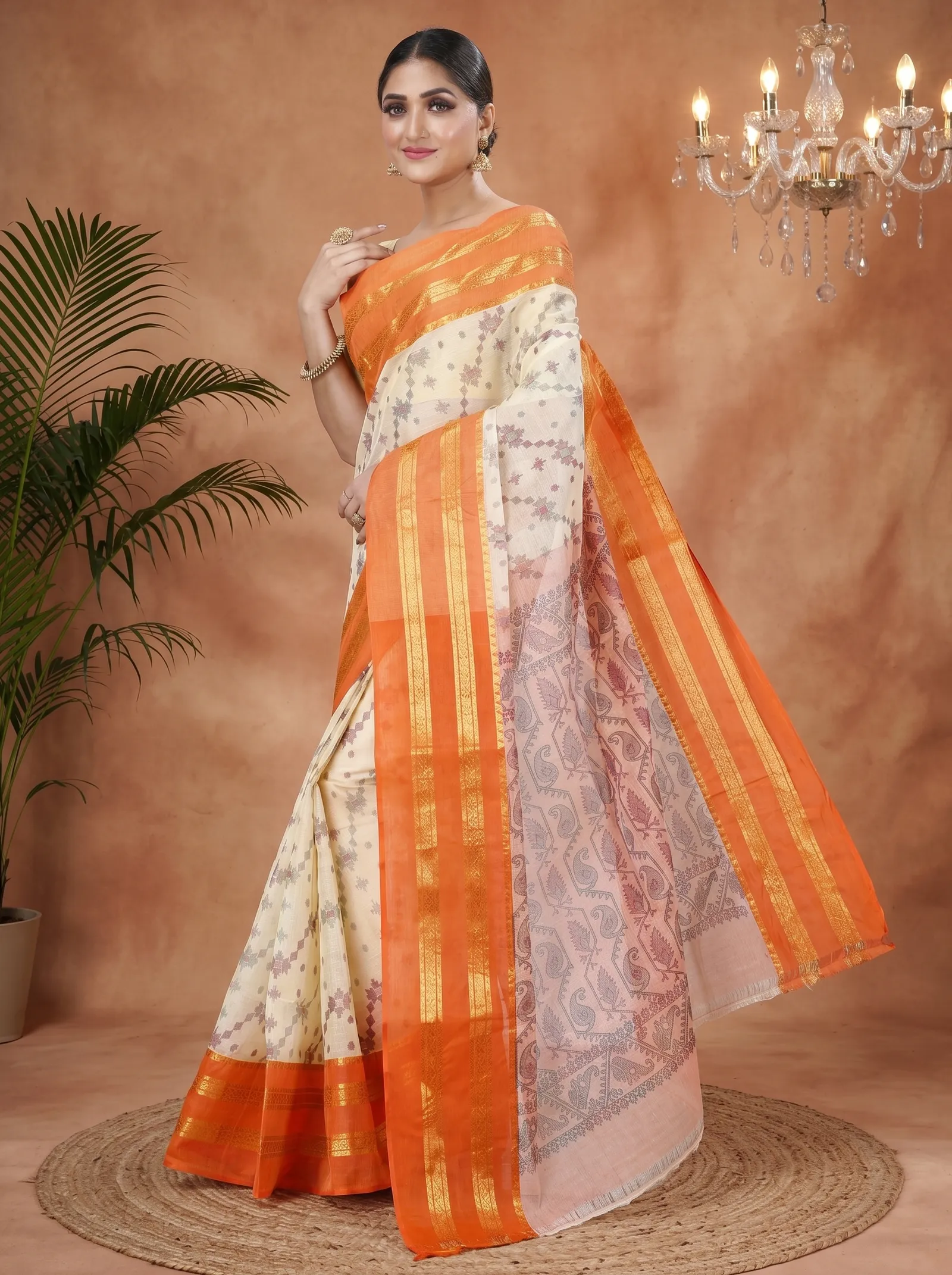 DipDiya Pure Cotton  Traditional Bengali Orange Artisan Crafted Rashi Print Printed Tant Saree