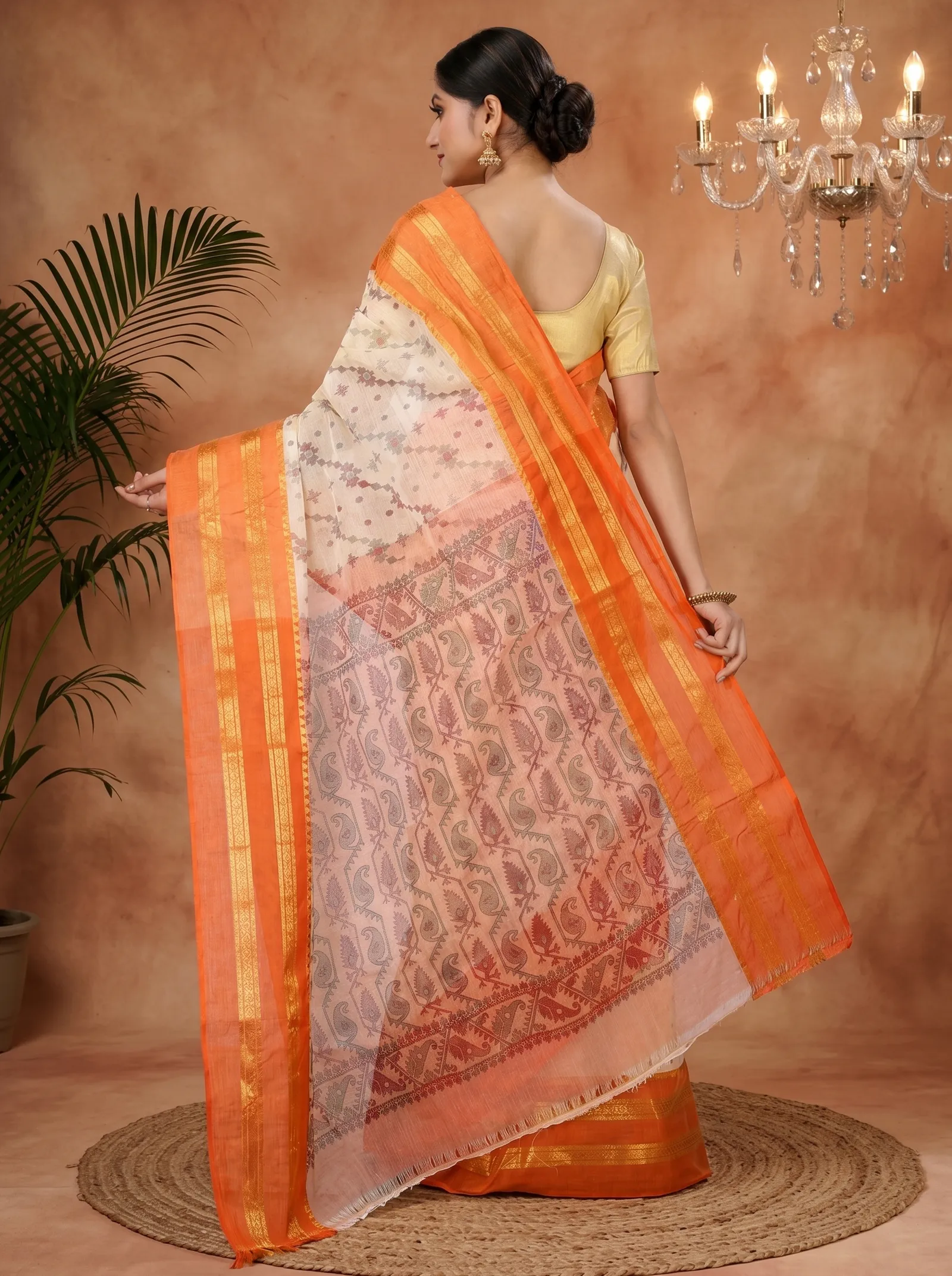 DipDiya Pure Cotton  Traditional Bengali Orange Artisan Crafted Rashi Print Printed Tant Saree