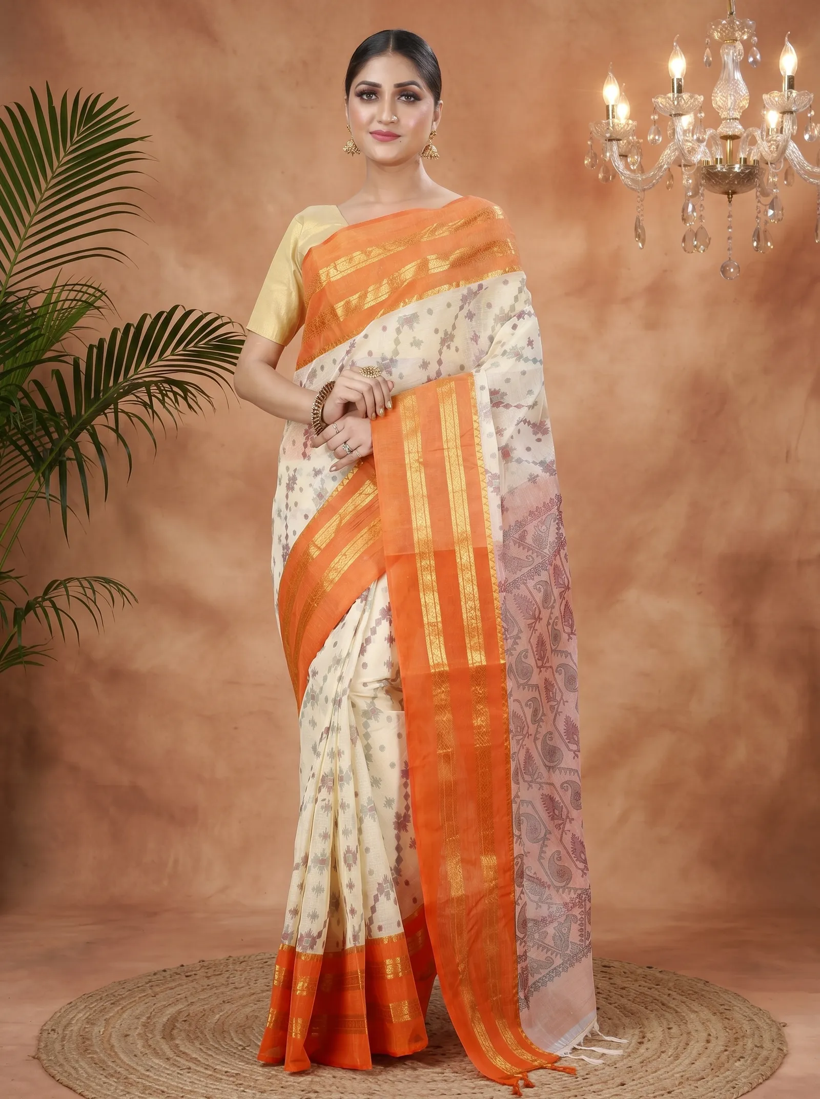 DipDiya Pure Cotton  Traditional Bengali Orange Artisan Crafted Rashi Print Printed Tant Saree