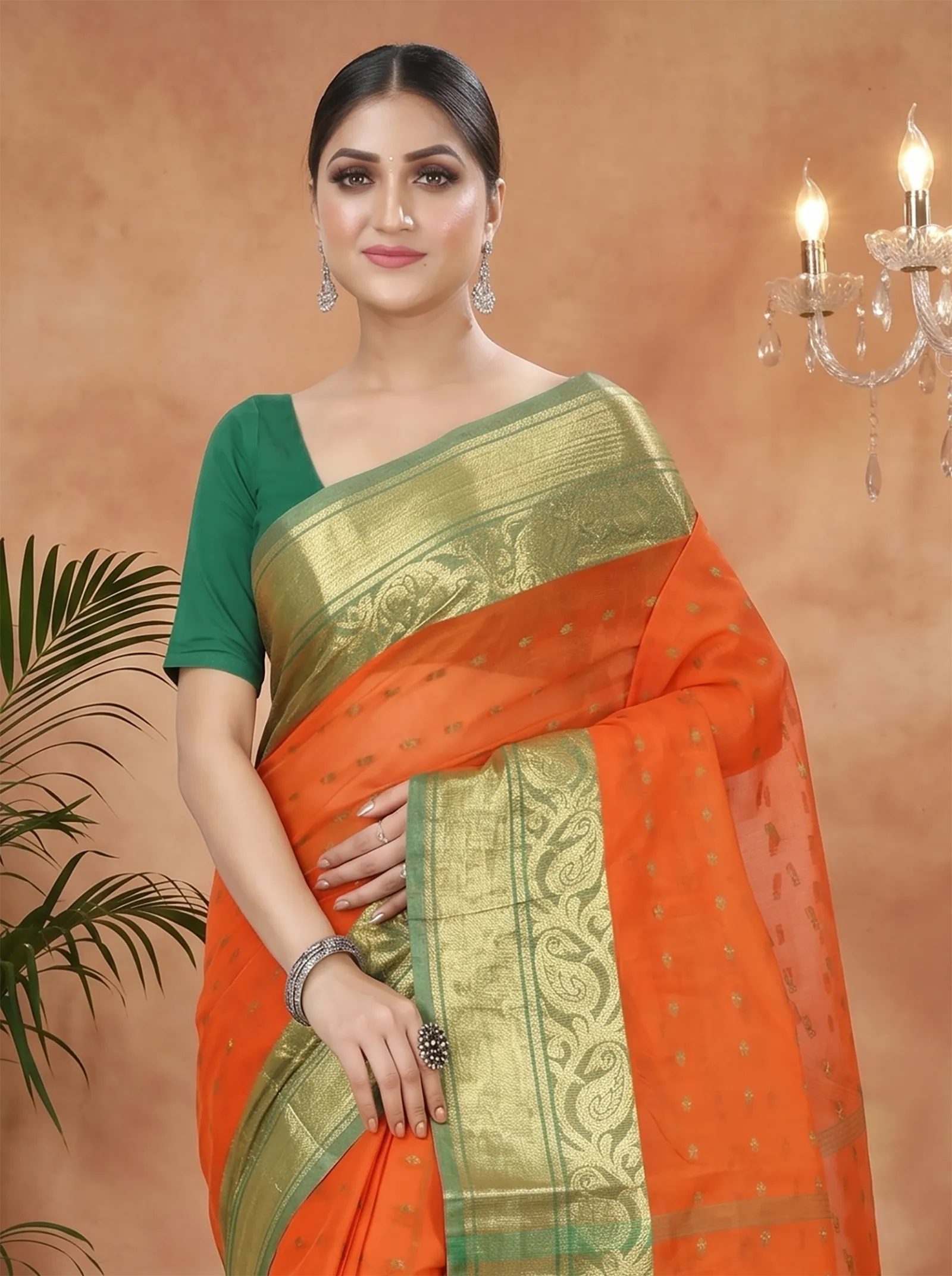 DipDiya Pure Cotton  Traditional Bengali Orange Artisan Crafted Sachi Tant Saree