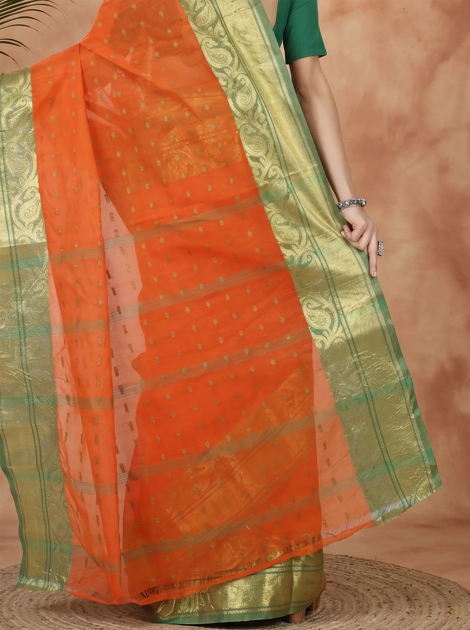 DipDiya Pure Cotton  Traditional Bengali Orange Artisan Crafted Sachi Tant Saree