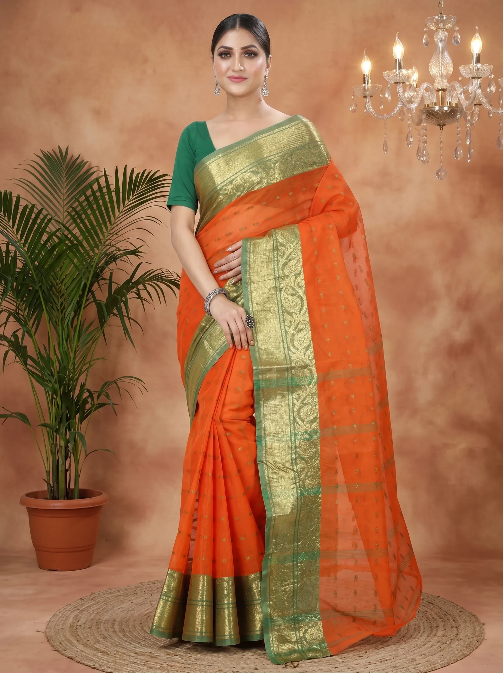DipDiya Pure Cotton  Traditional Bengali Orange Artisan Crafted Sachi Tant Saree