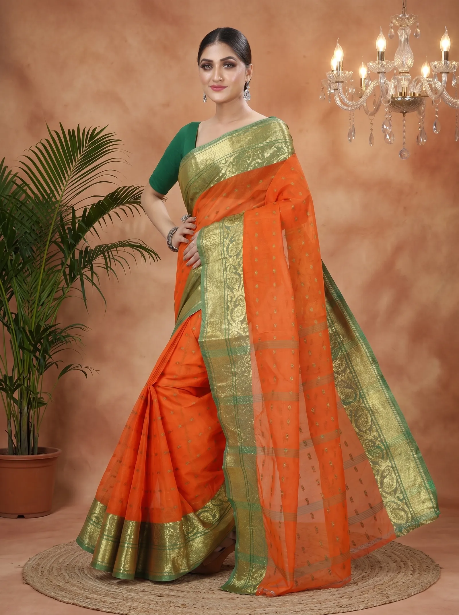DipDiya Pure Cotton  Traditional Bengali Orange Artisan Crafted Sachi Tant Saree
