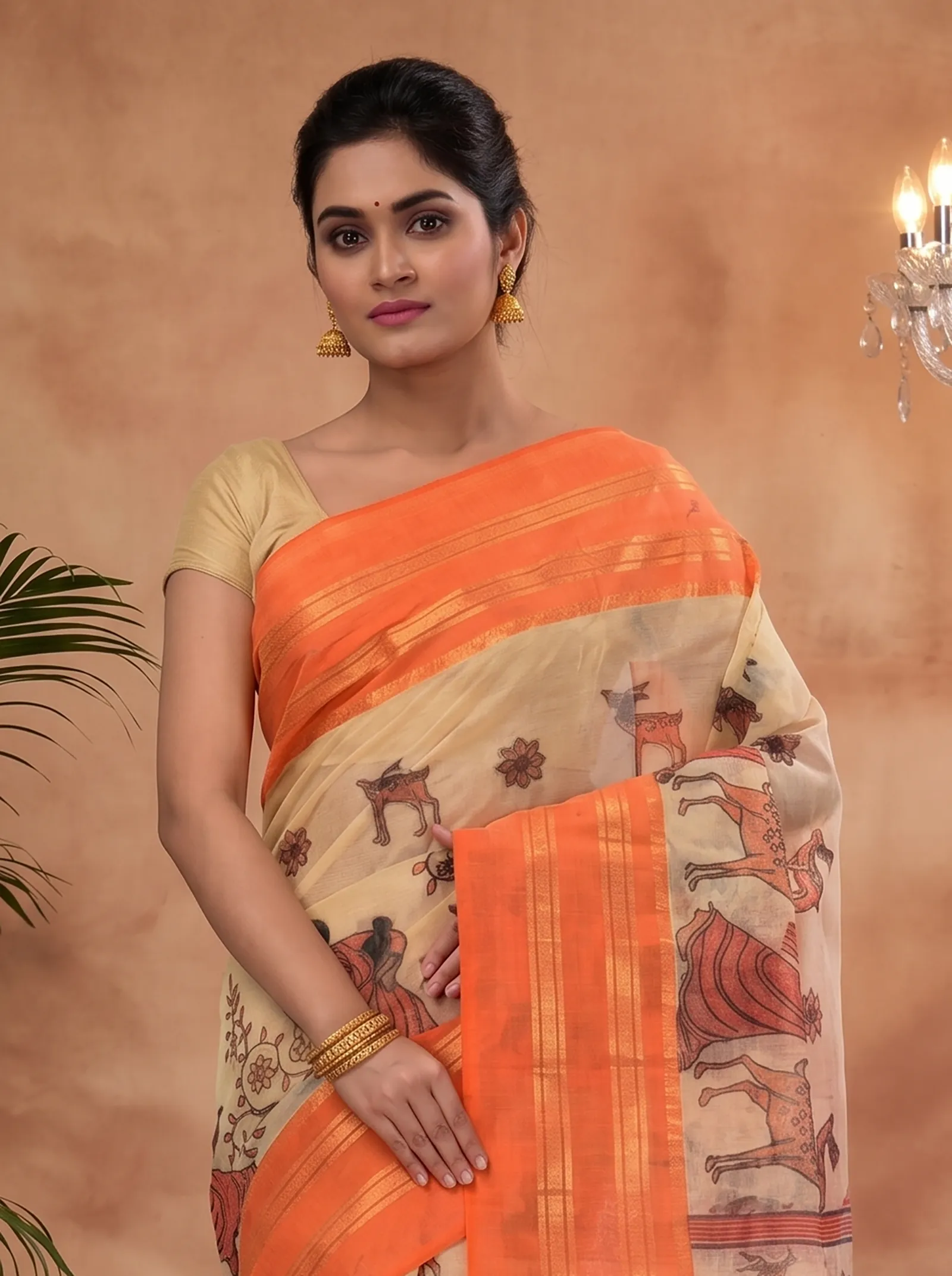 DipDiya Pure Cotton  Traditional Bengali Orange Artisan Crafted Sakuntala Printed Tant Saree
