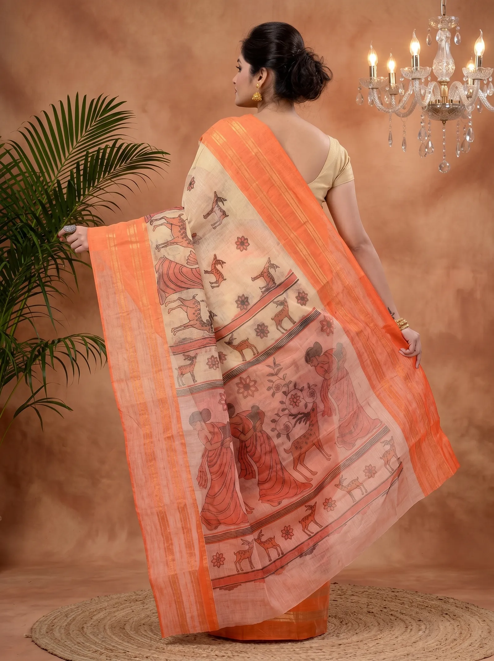 DipDiya Pure Cotton  Traditional Bengali Orange Artisan Crafted Sakuntala Printed Tant Saree