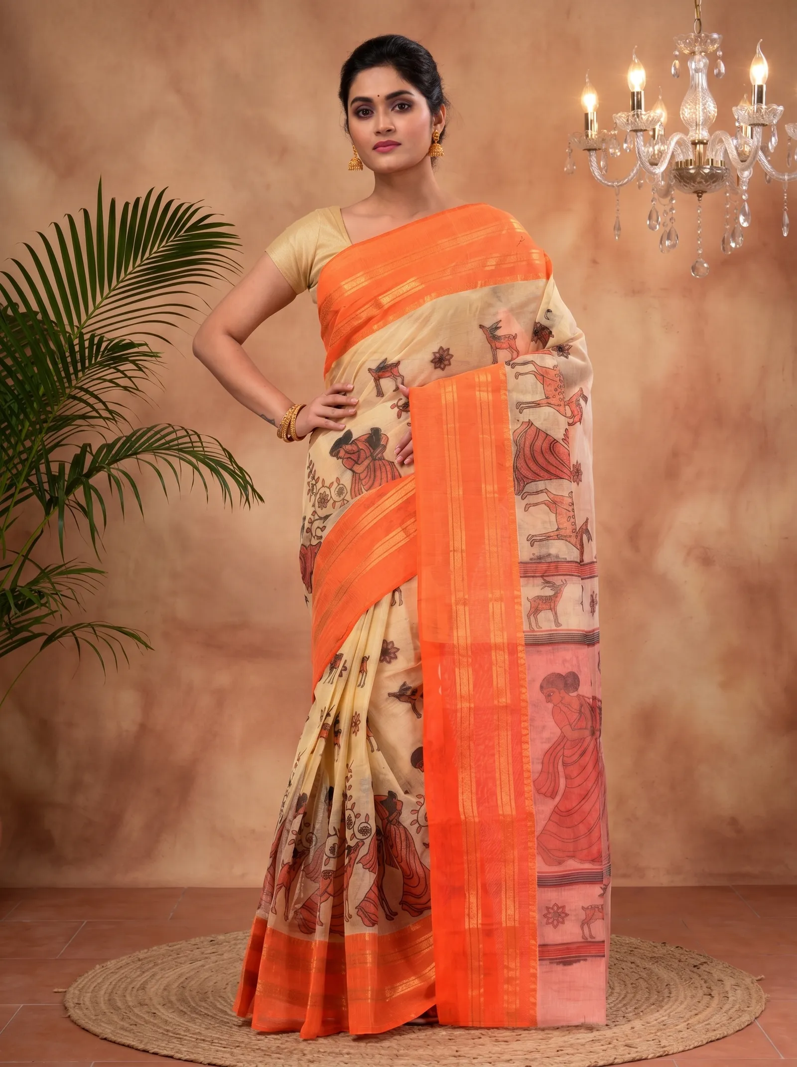 DipDiya Pure Cotton  Traditional Bengali Orange Artisan Crafted Sakuntala Printed Tant Saree