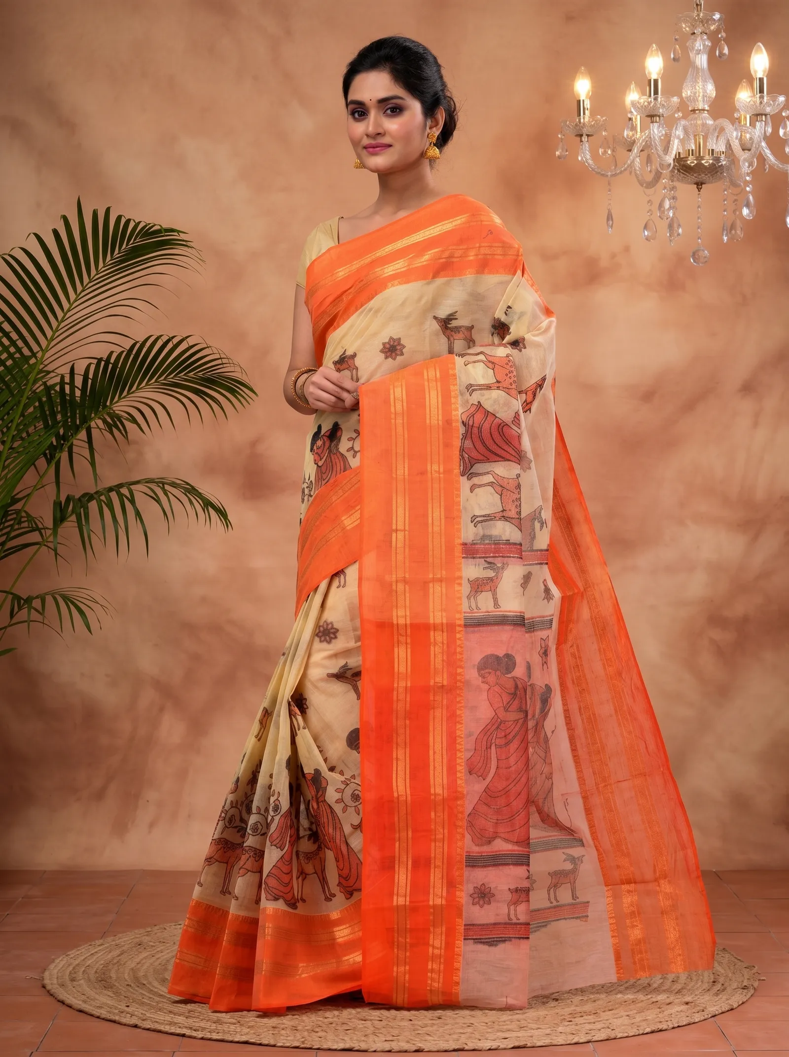 DipDiya Pure Cotton  Traditional Bengali Orange Artisan Crafted Sakuntala Printed Tant Saree