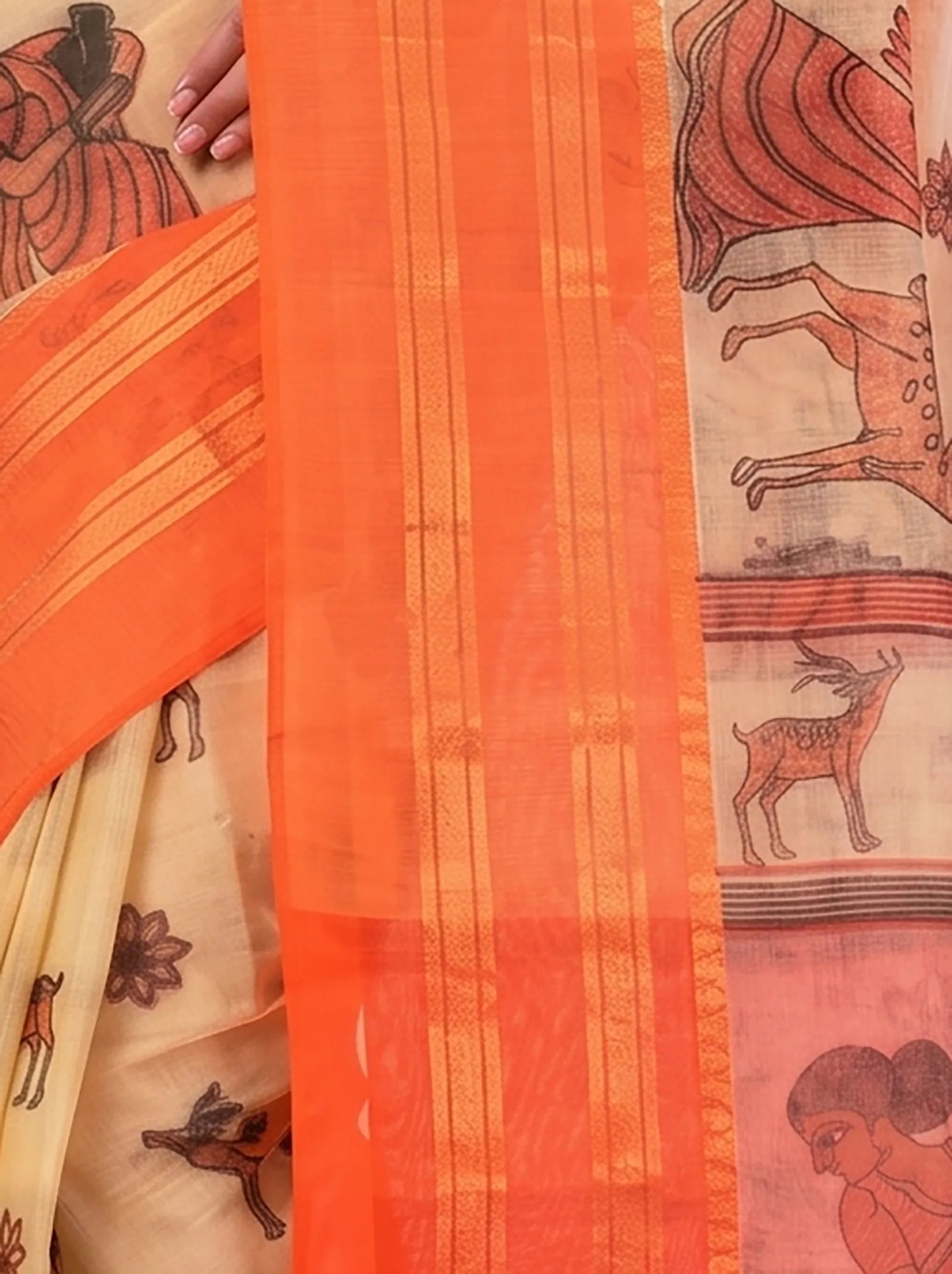 DipDiya Pure Cotton  Traditional Bengali Orange Artisan Crafted Sakuntala Printed Tant Saree