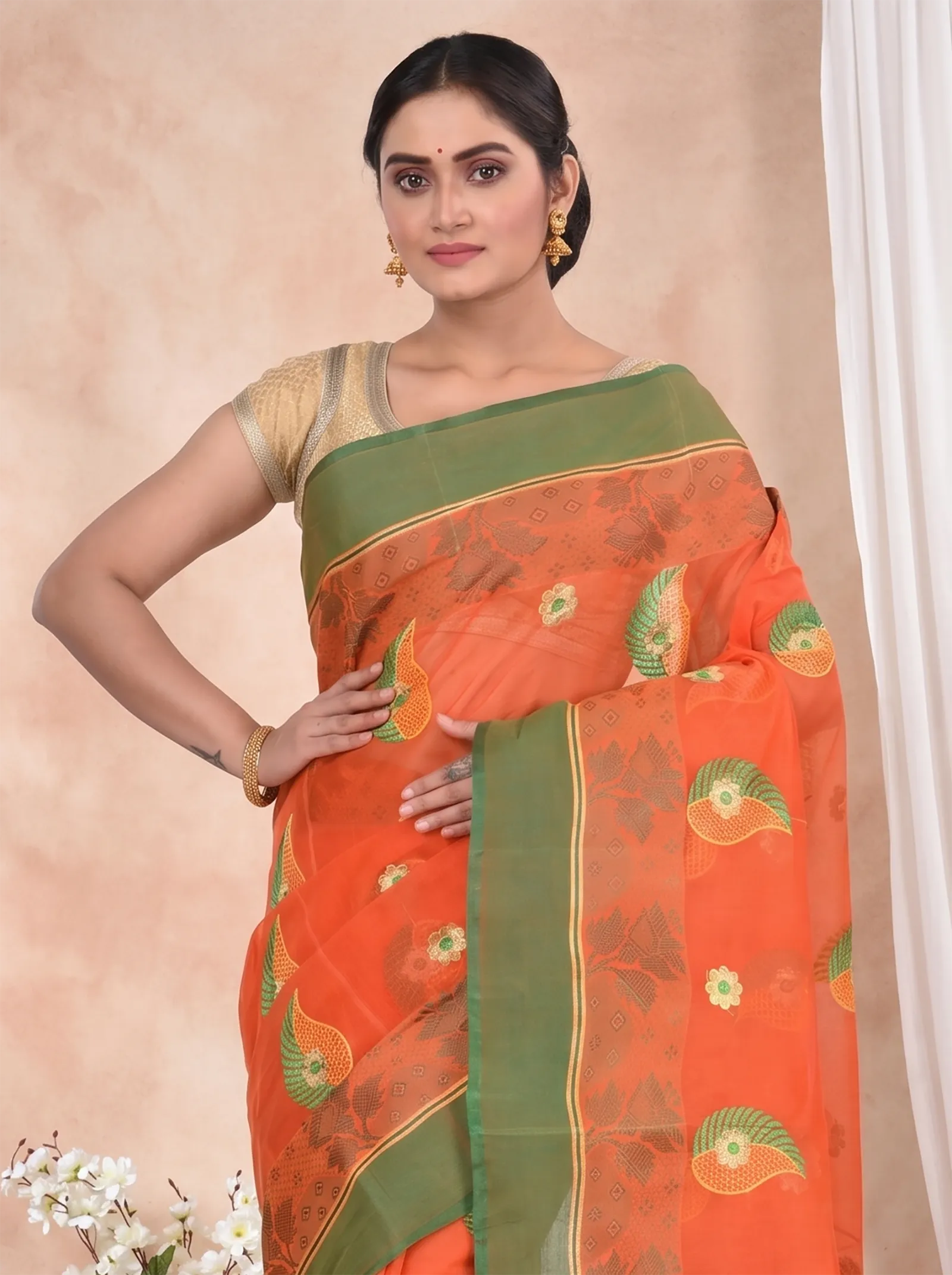 DipDiya Pure Cotton  Traditional Bengali Orange Artisan Crafted Shanko Embro Embroidery Tant Saree