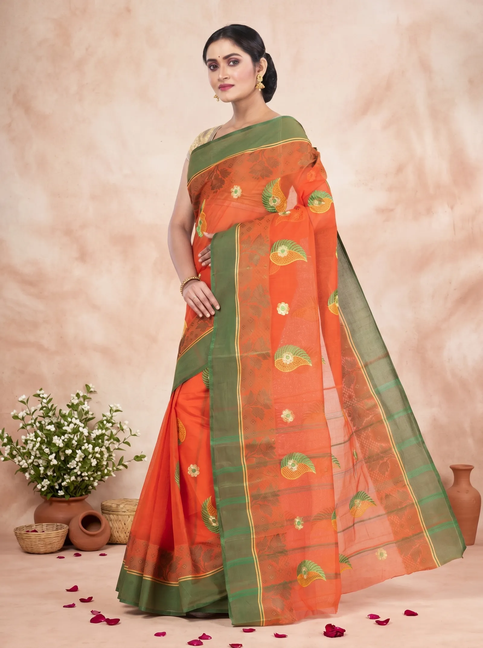 DipDiya Pure Cotton  Traditional Bengali Orange Artisan Crafted Shanko Embro Embroidery Tant Saree