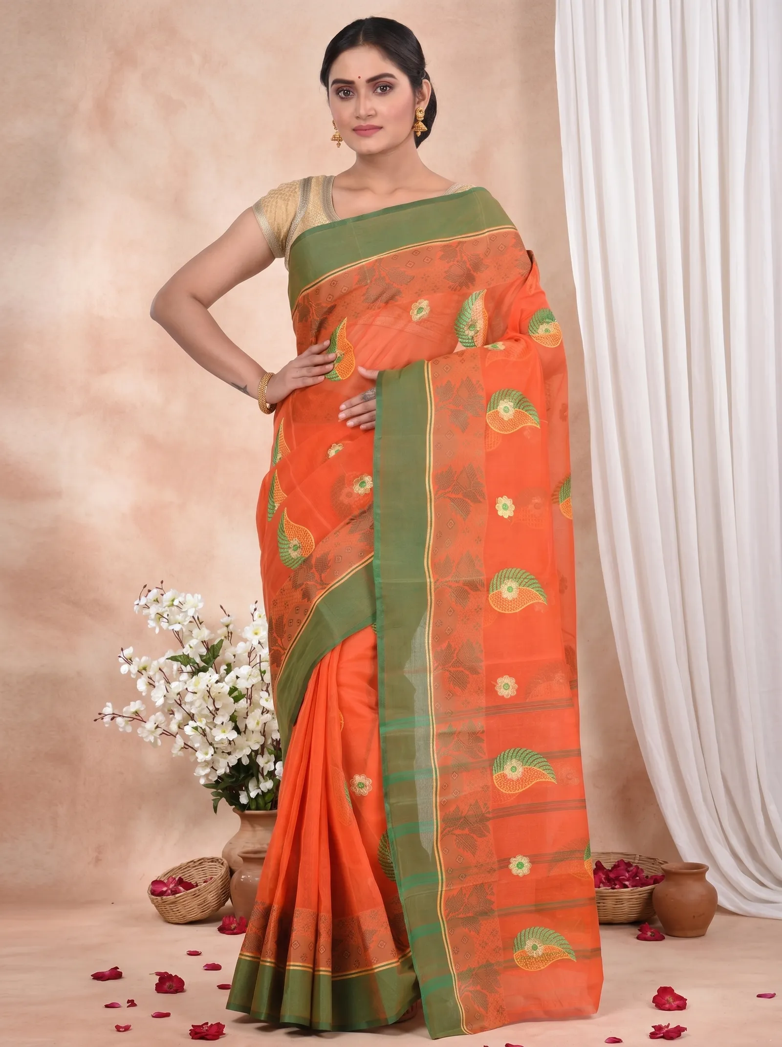 DipDiya Pure Cotton  Traditional Bengali Orange Artisan Crafted Shanko Embro Embroidery Tant Saree