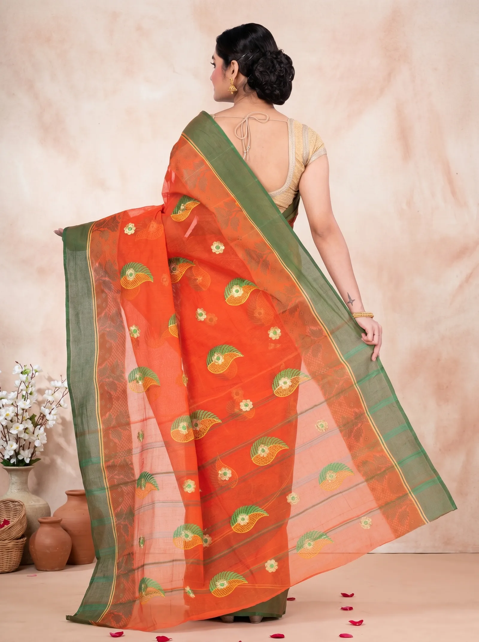 DipDiya Pure Cotton  Traditional Bengali Orange Artisan Crafted Shanko Embro Embroidery Tant Saree