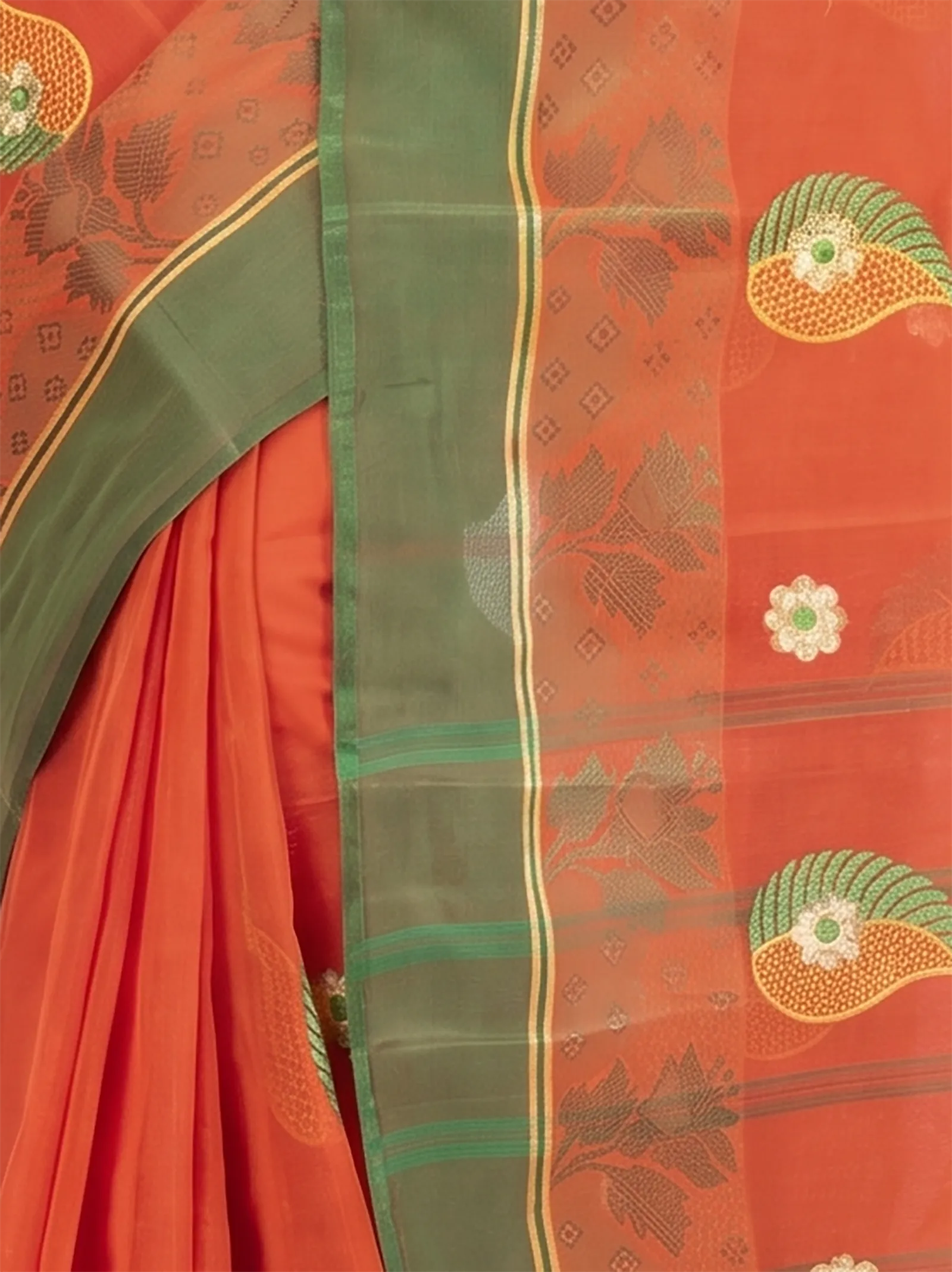 DipDiya Pure Cotton  Traditional Bengali Orange Artisan Crafted Shanko Embro Embroidery Tant Saree