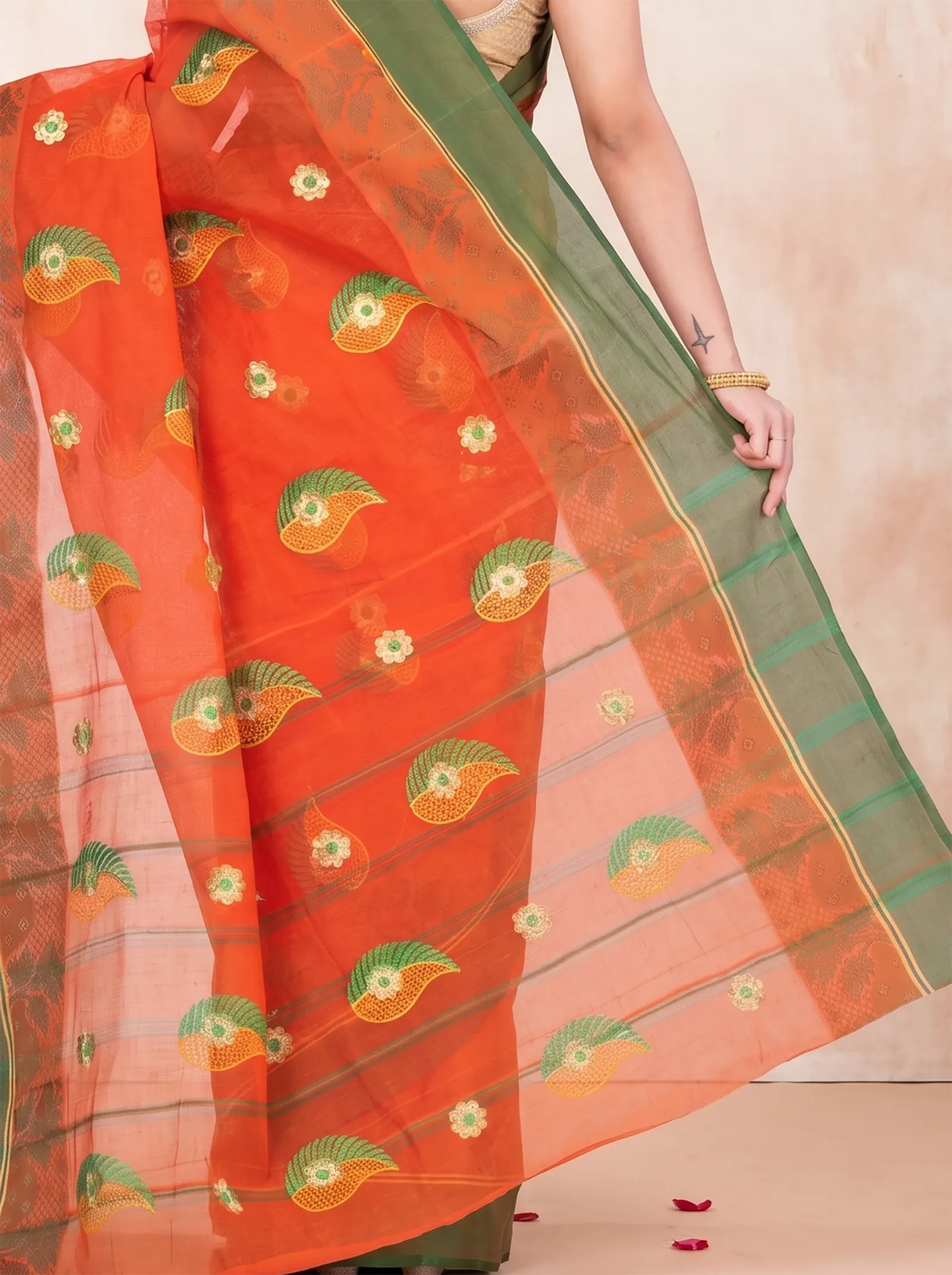 DipDiya Pure Cotton  Traditional Bengali Orange Artisan Crafted Shanko Embro Embroidery Tant Saree