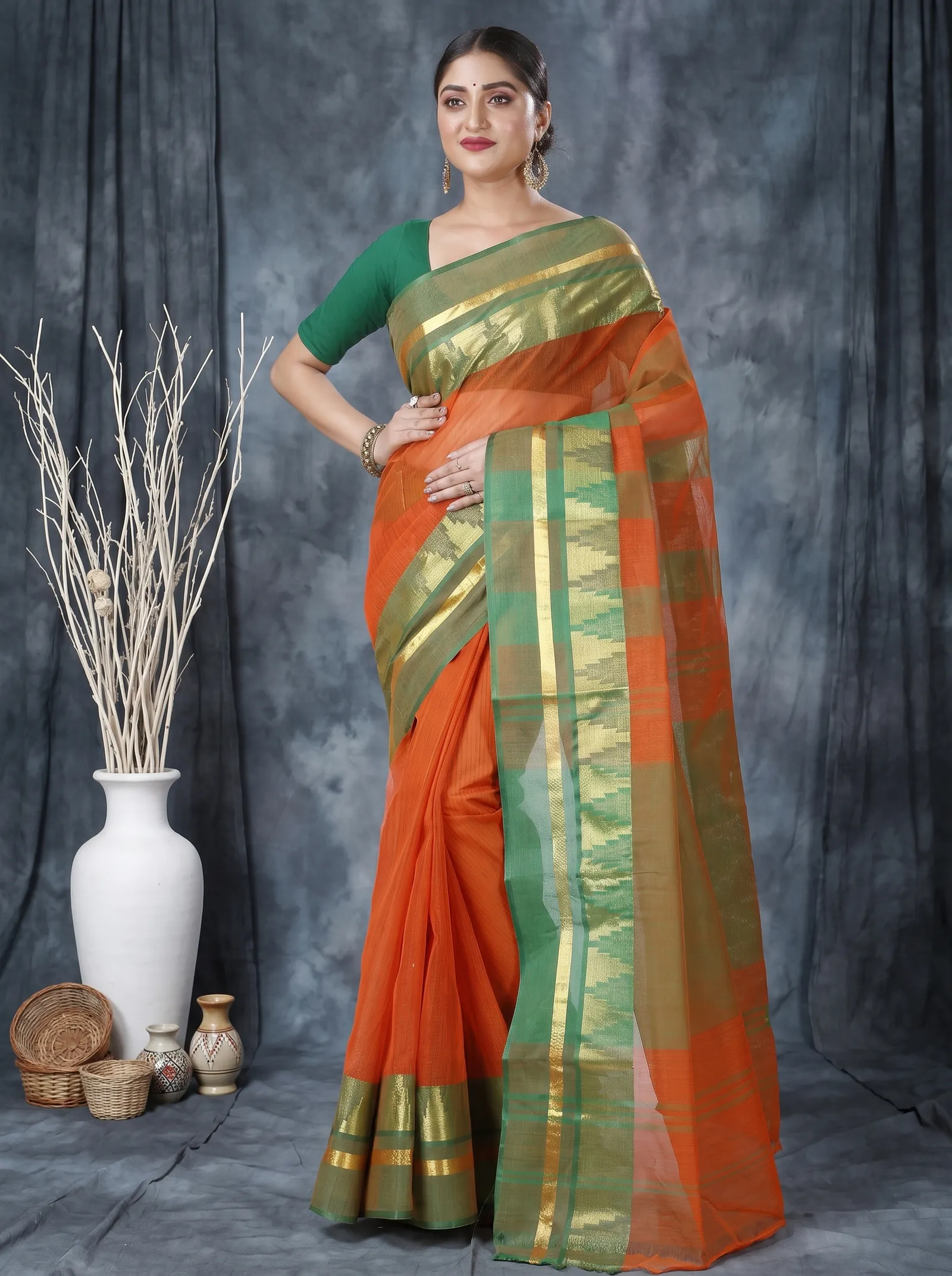 DipDiya Pure Cotton  Traditional Bengali Orange Artisan Crafted Vrinda Tant Saree