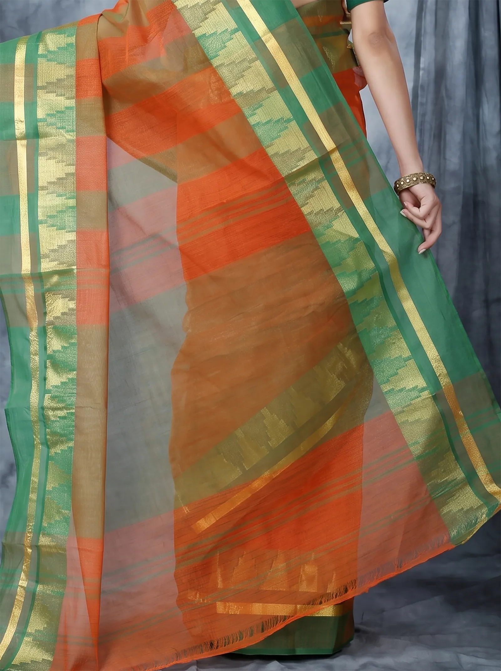 DipDiya Pure Cotton  Traditional Bengali Orange Artisan Crafted Vrinda Tant Saree