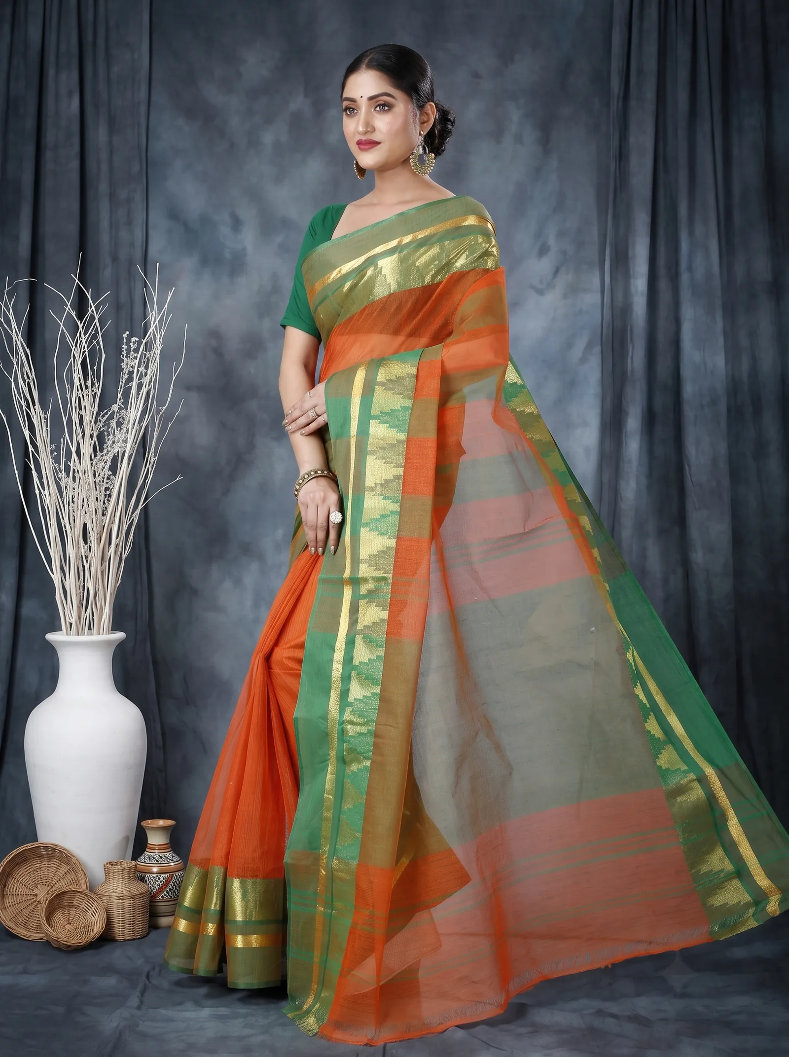 DipDiya Pure Cotton  Traditional Bengali Orange Artisan Crafted Vrinda Tant Saree