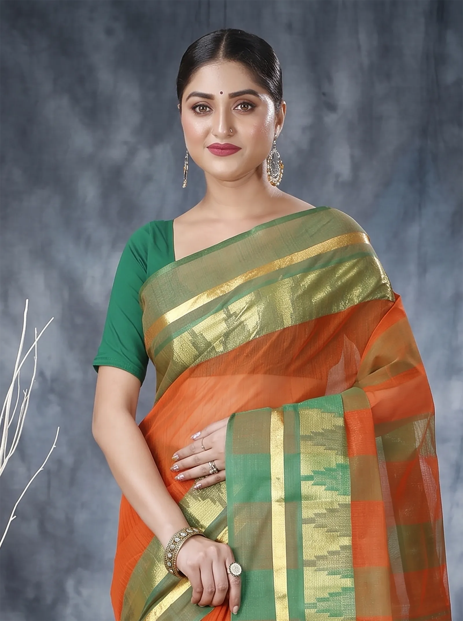 DipDiya Pure Cotton  Traditional Bengali Orange Artisan Crafted Vrinda Tant Saree