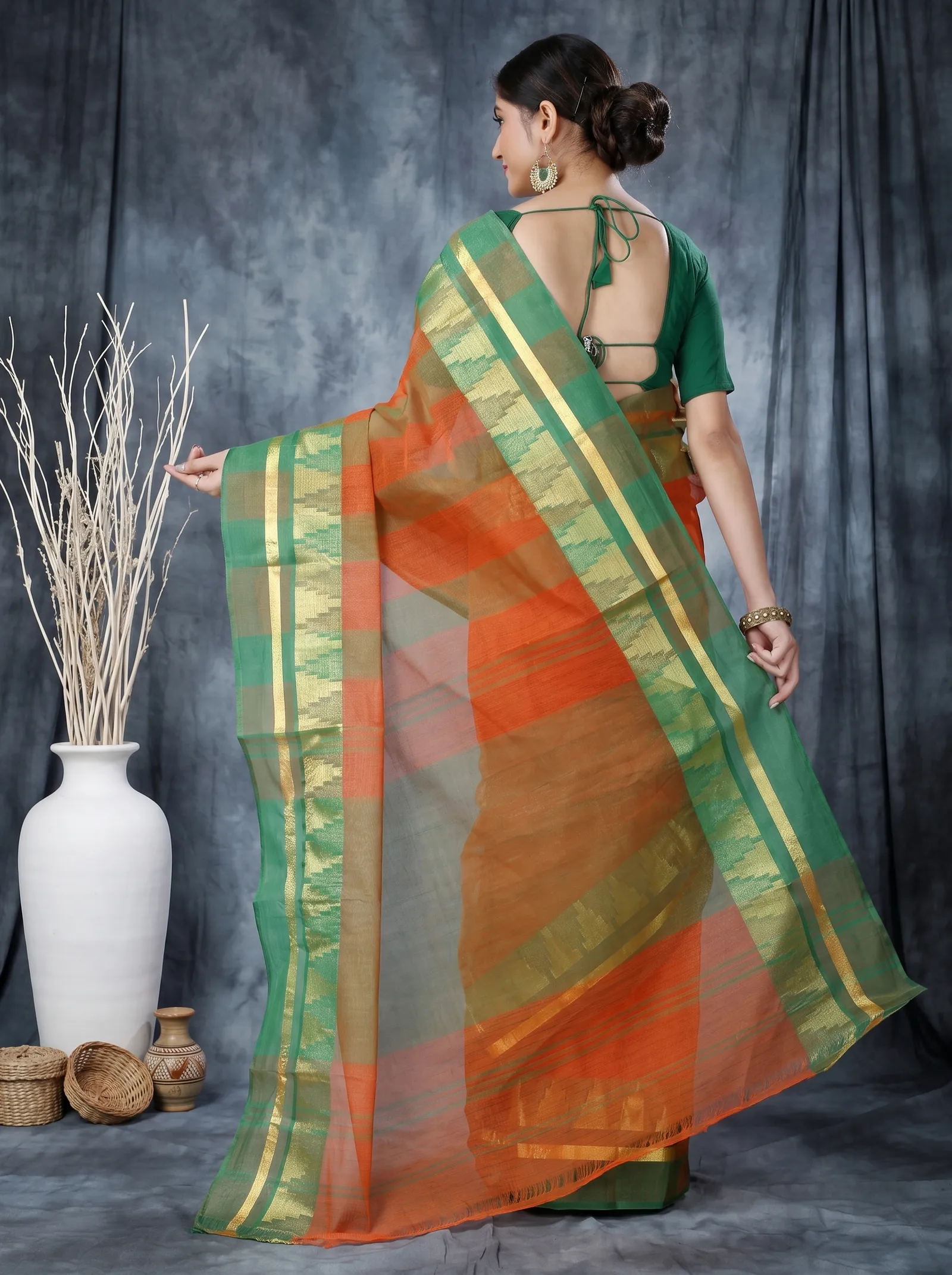 DipDiya Pure Cotton  Traditional Bengali Orange Artisan Crafted Vrinda Tant Saree