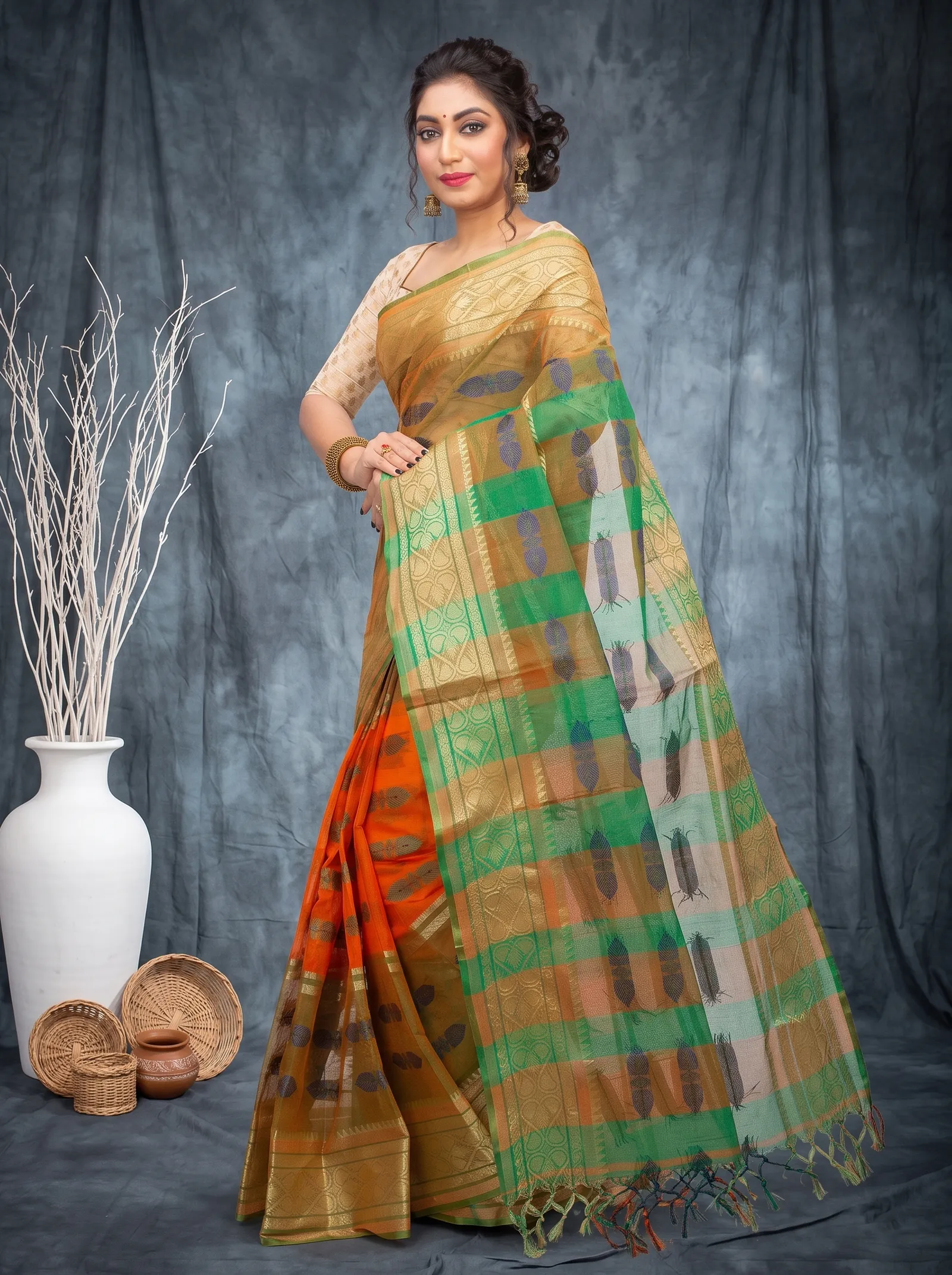 DipDiya Pure Cotton  Traditional Bengali Orange Green Artisan Crafted Raj Nandi Tant Saree