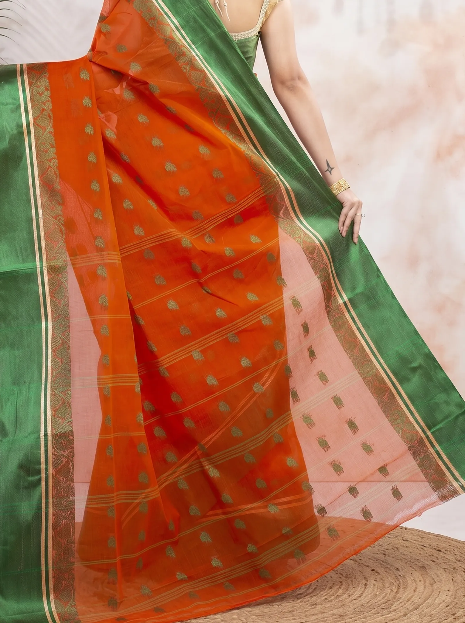 DipDiya Pure Cotton  Traditional Bengali Orange Green Artisan Crafted Sukla Velvet Tant Saree