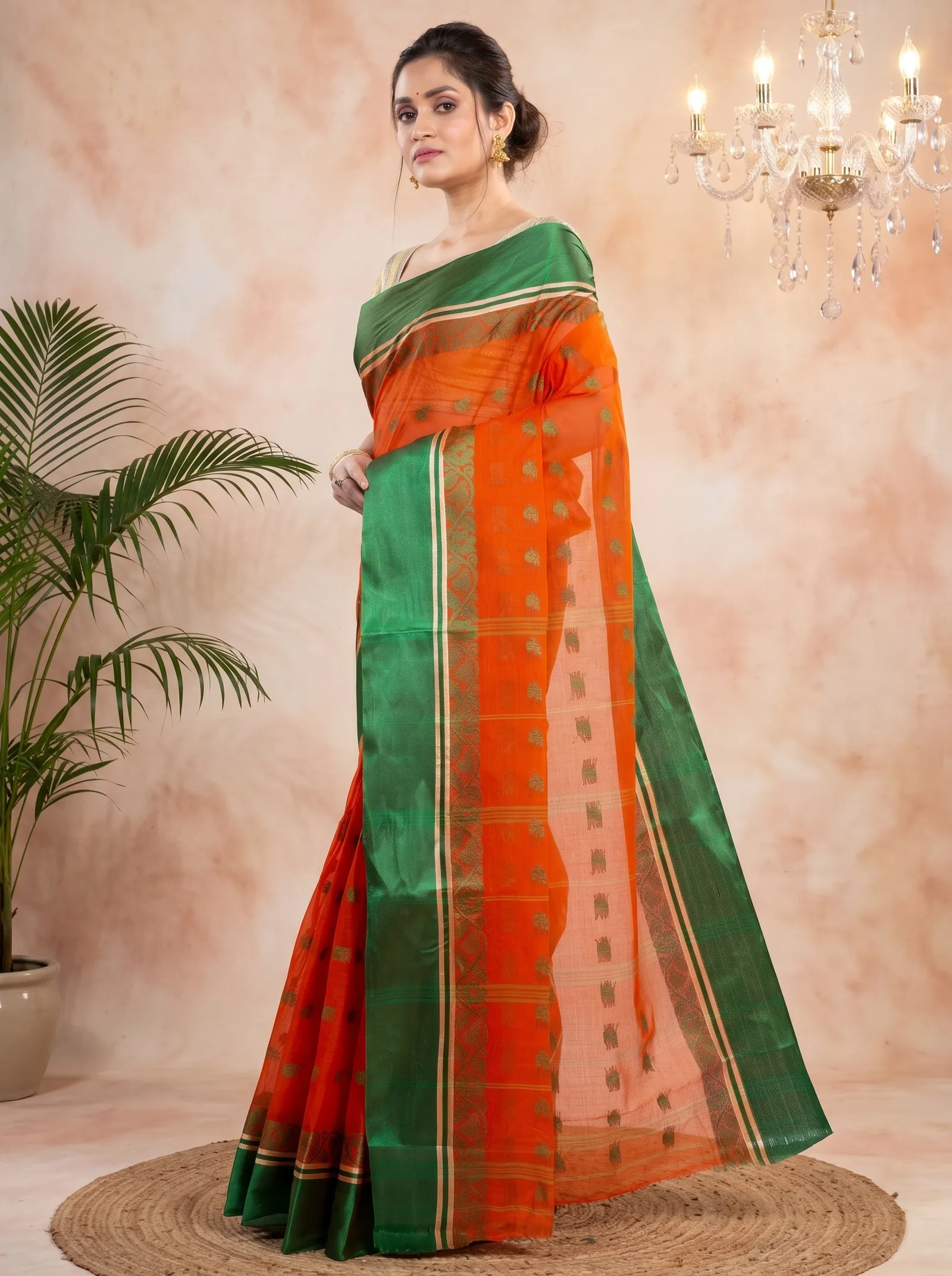 DipDiya Pure Cotton  Traditional Bengali Orange Green Artisan Crafted Sukla Velvet Tant Saree