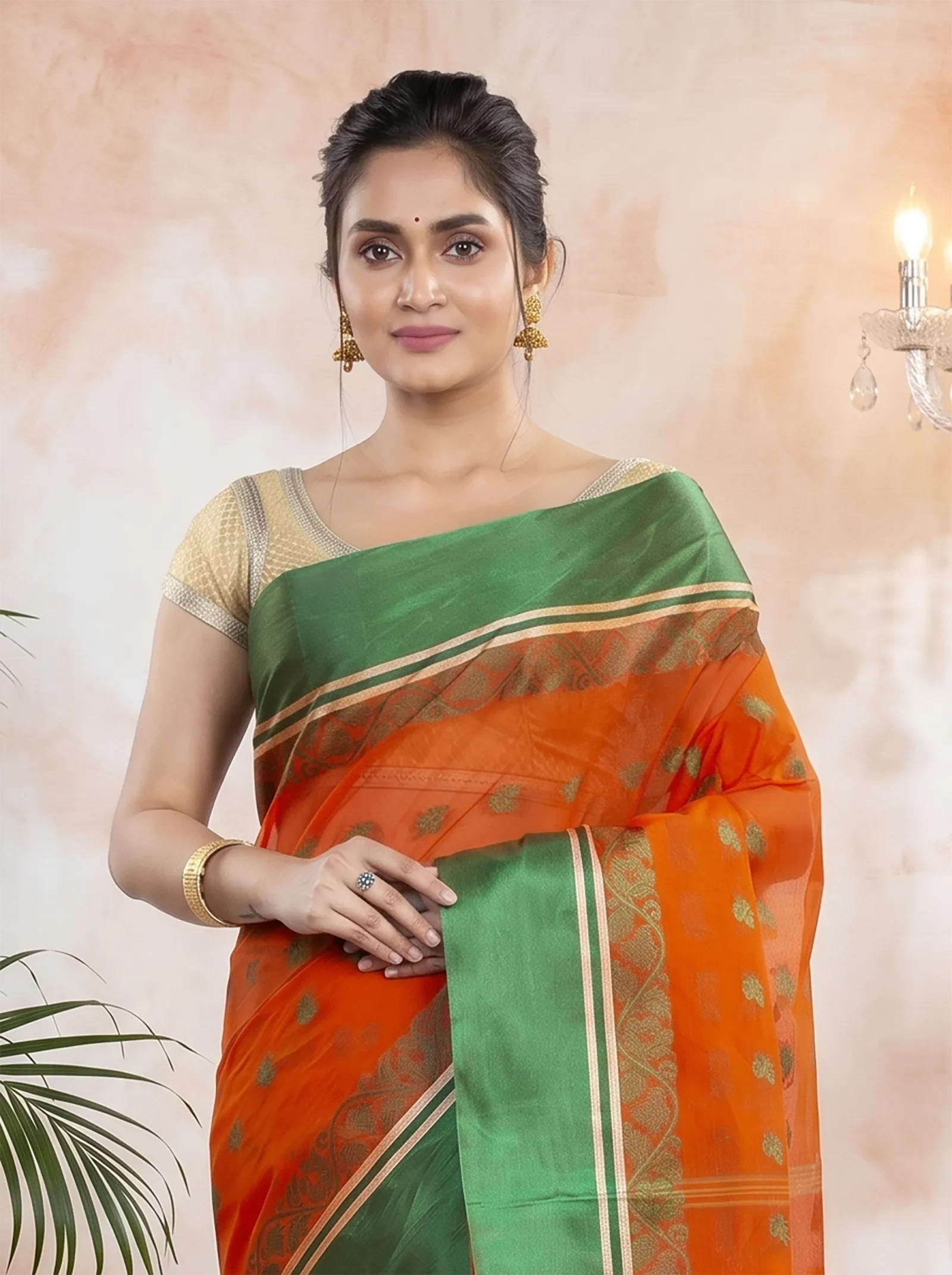 DipDiya Pure Cotton  Traditional Bengali Orange Green Artisan Crafted Sukla Velvet Tant Saree