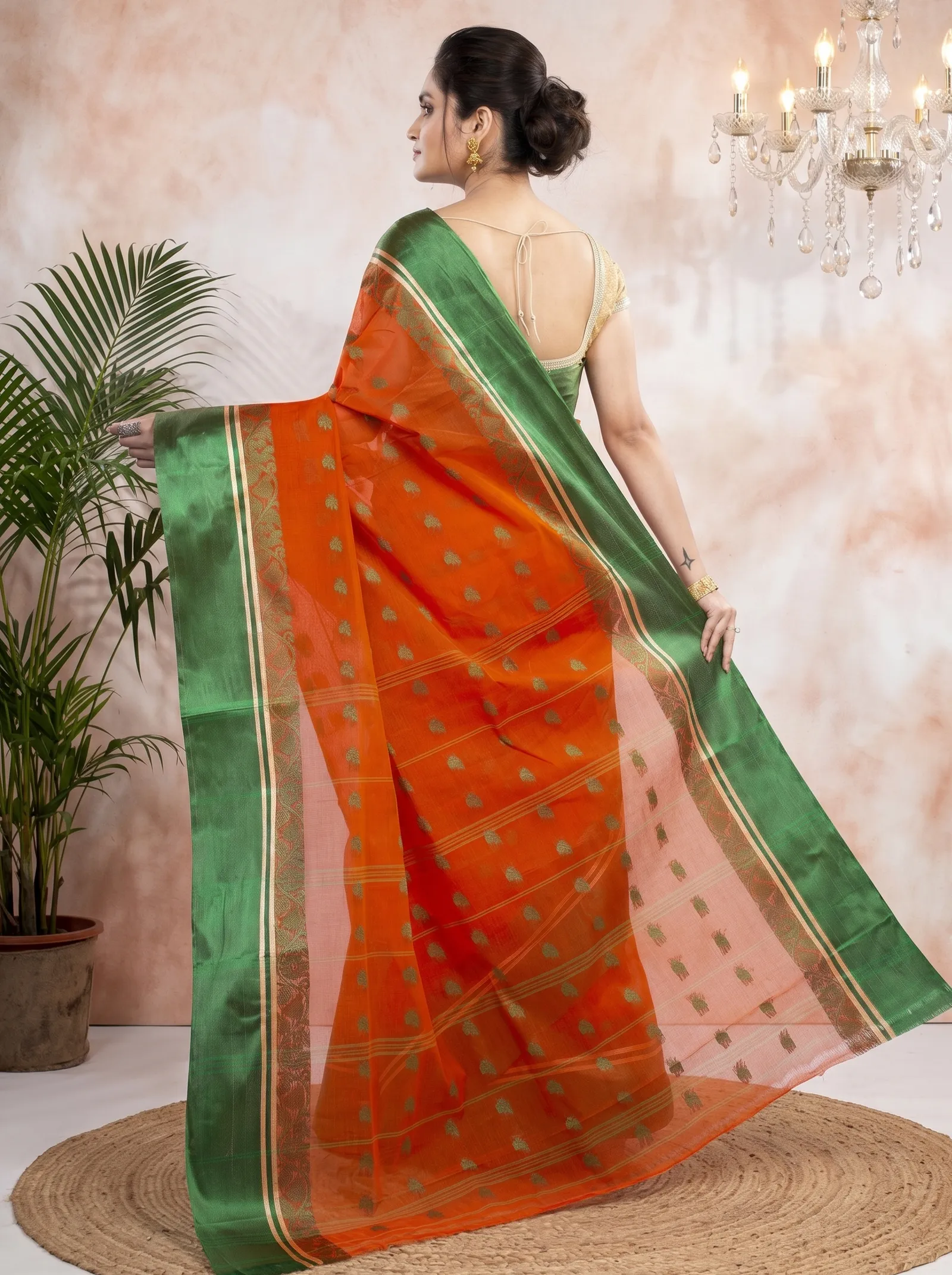 DipDiya Pure Cotton  Traditional Bengali Orange Green Artisan Crafted Sukla Velvet Tant Saree